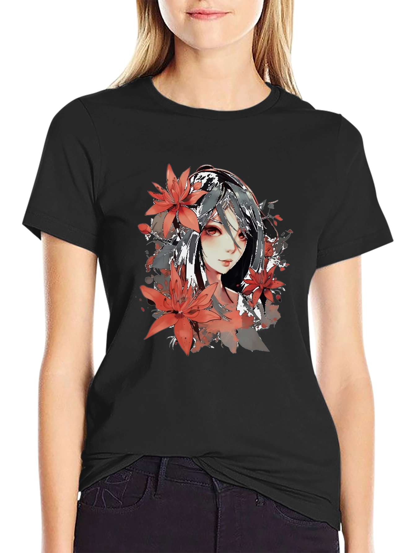 Anime Girl Floral Graphic Black T-Shirt