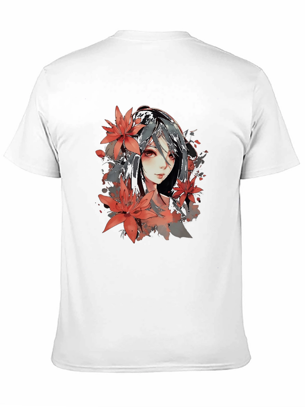 Anime Girl Floral Graphic Black T-Shirt