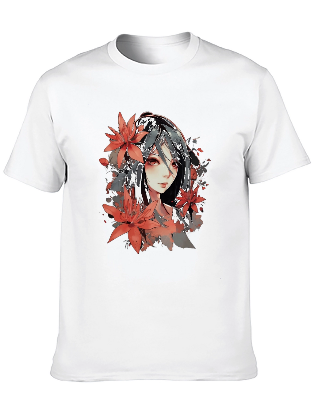 Anime Girl Floral Graphic Black T-Shirt