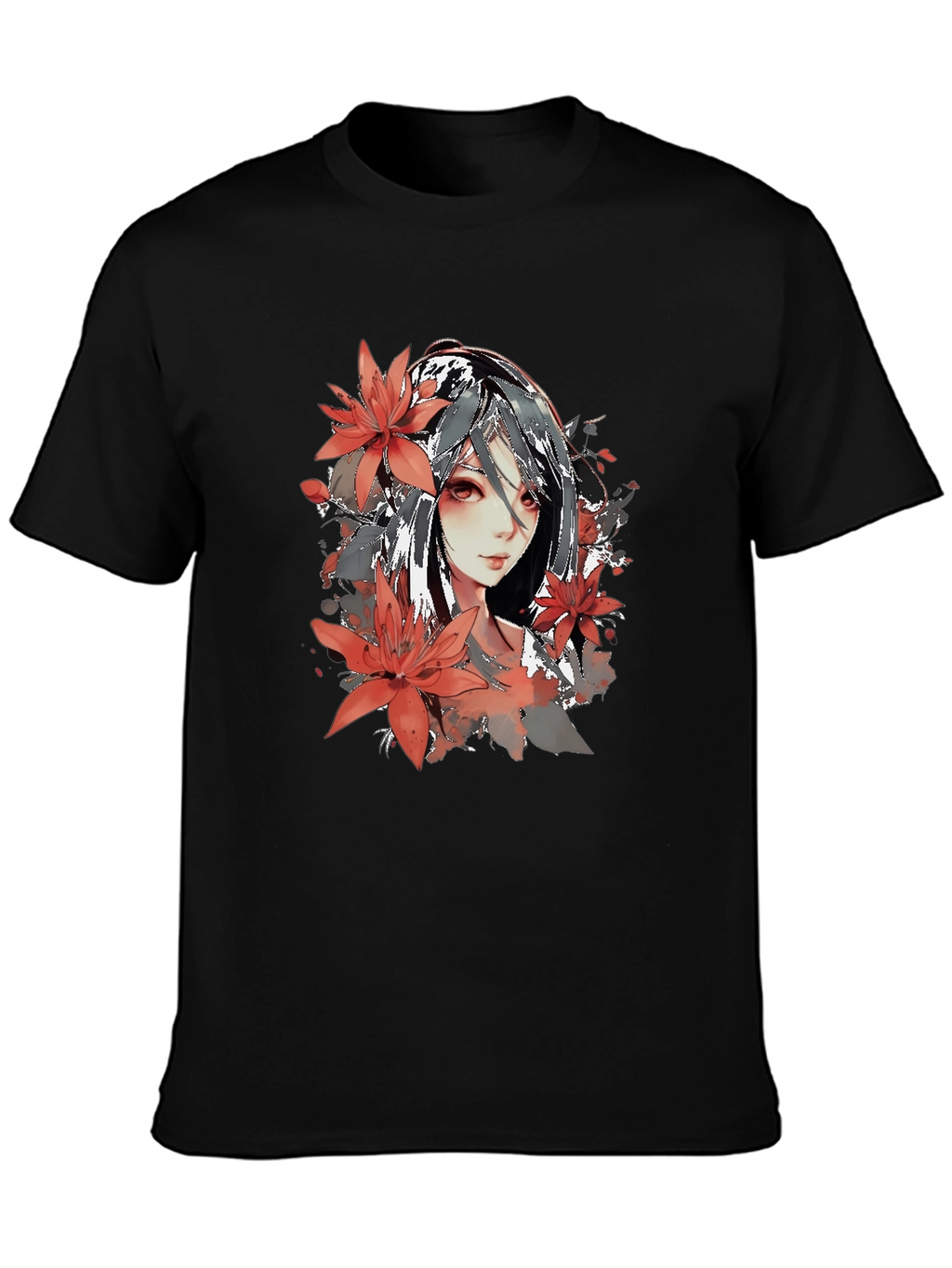 Anime Girl Floral Graphic Black T-Shirt