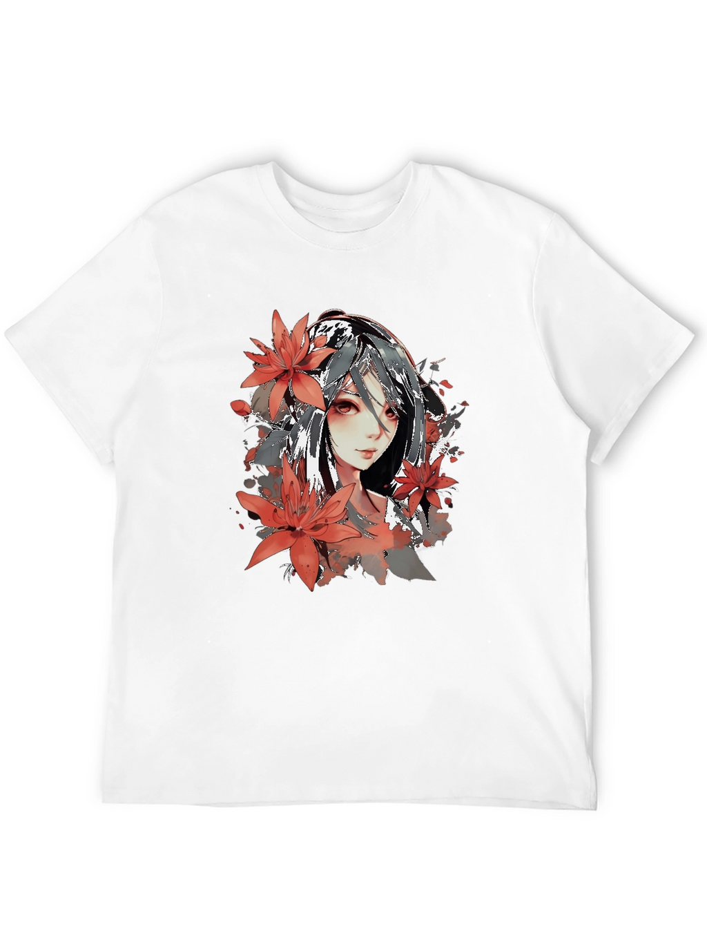Anime Girl Floral Graphic Black T-Shirt