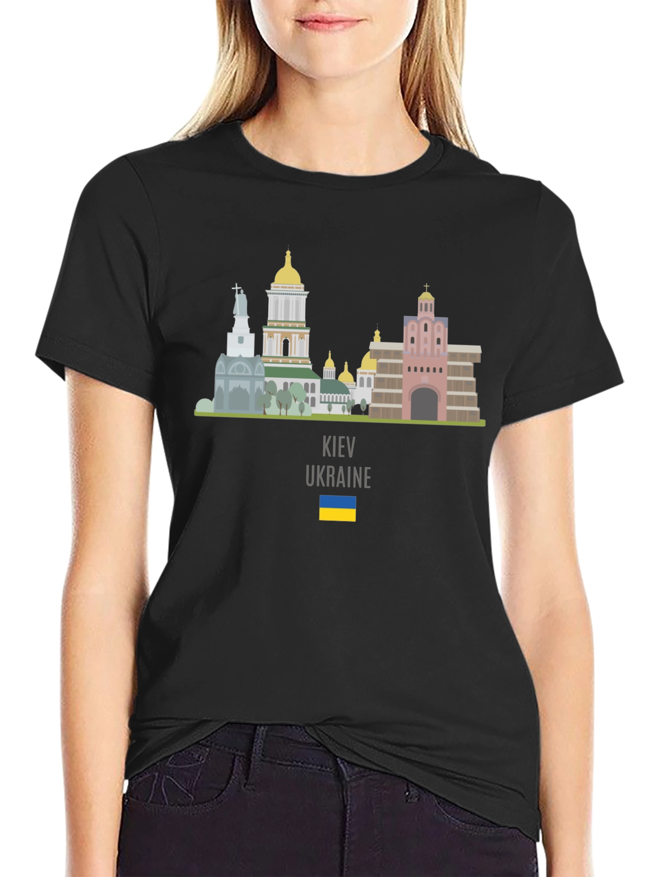 Kyiv Ukraine Skyline T-Shirt Black Crew Neck