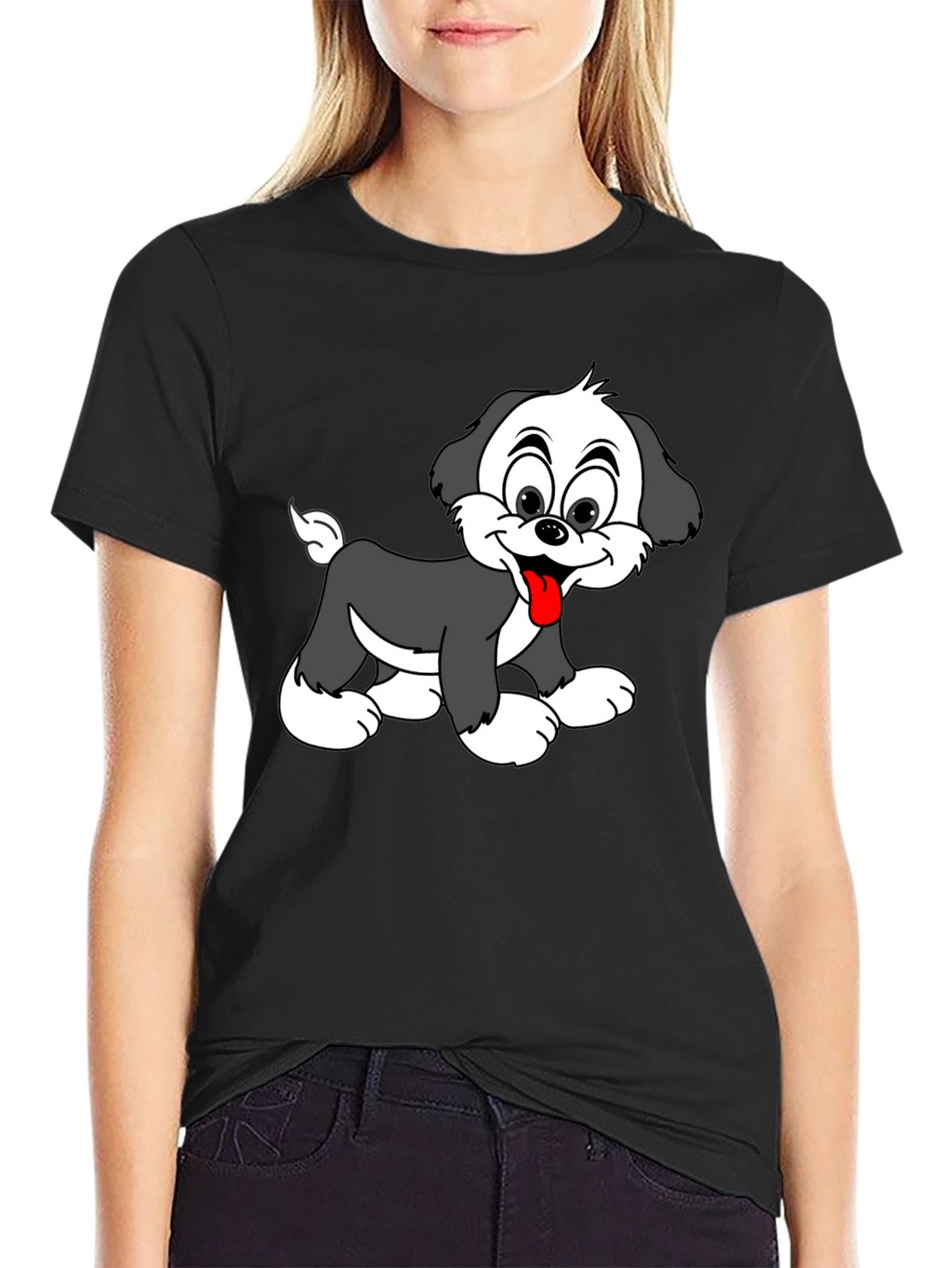 Cute Puppy Graphic Tee - Black Cotton Blend