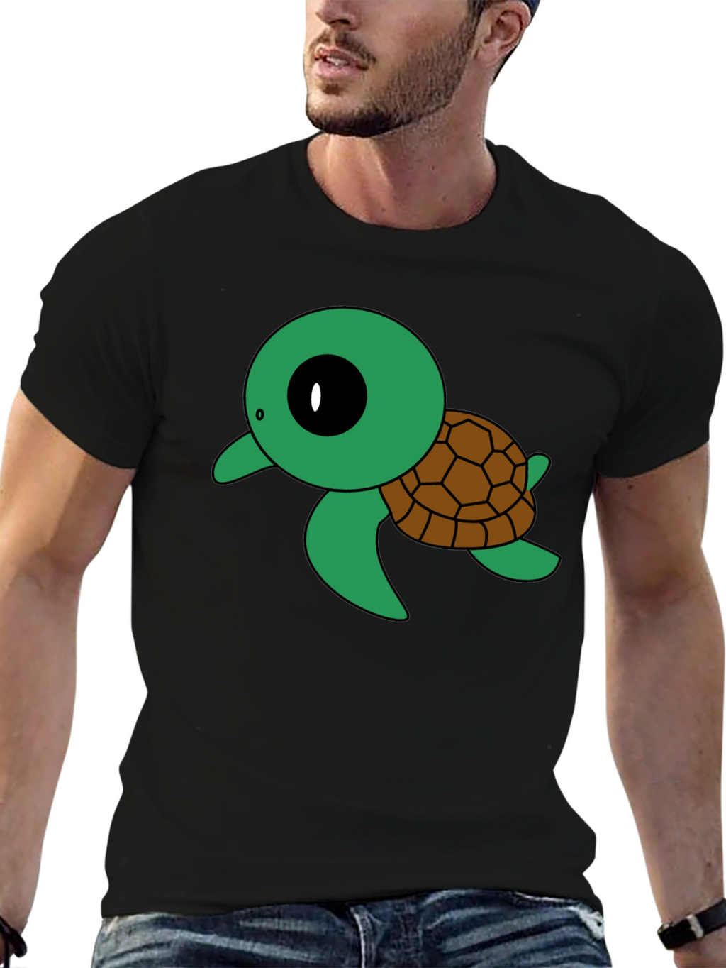 Cute Turtle Graphic Tee - Black Cotton T-Shirt