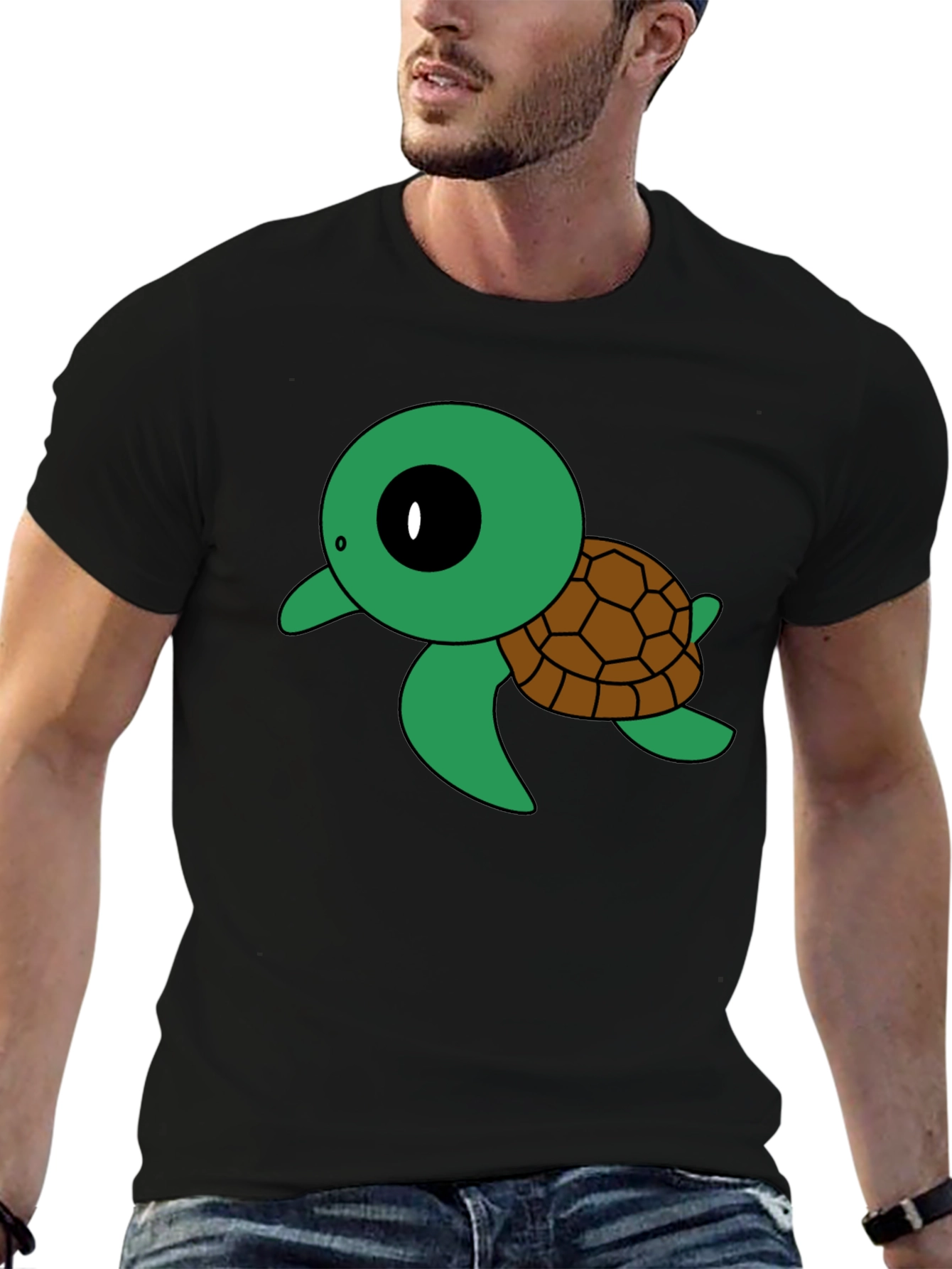 Cute Turtle Graphic Tee - Black Cotton T-Shirt