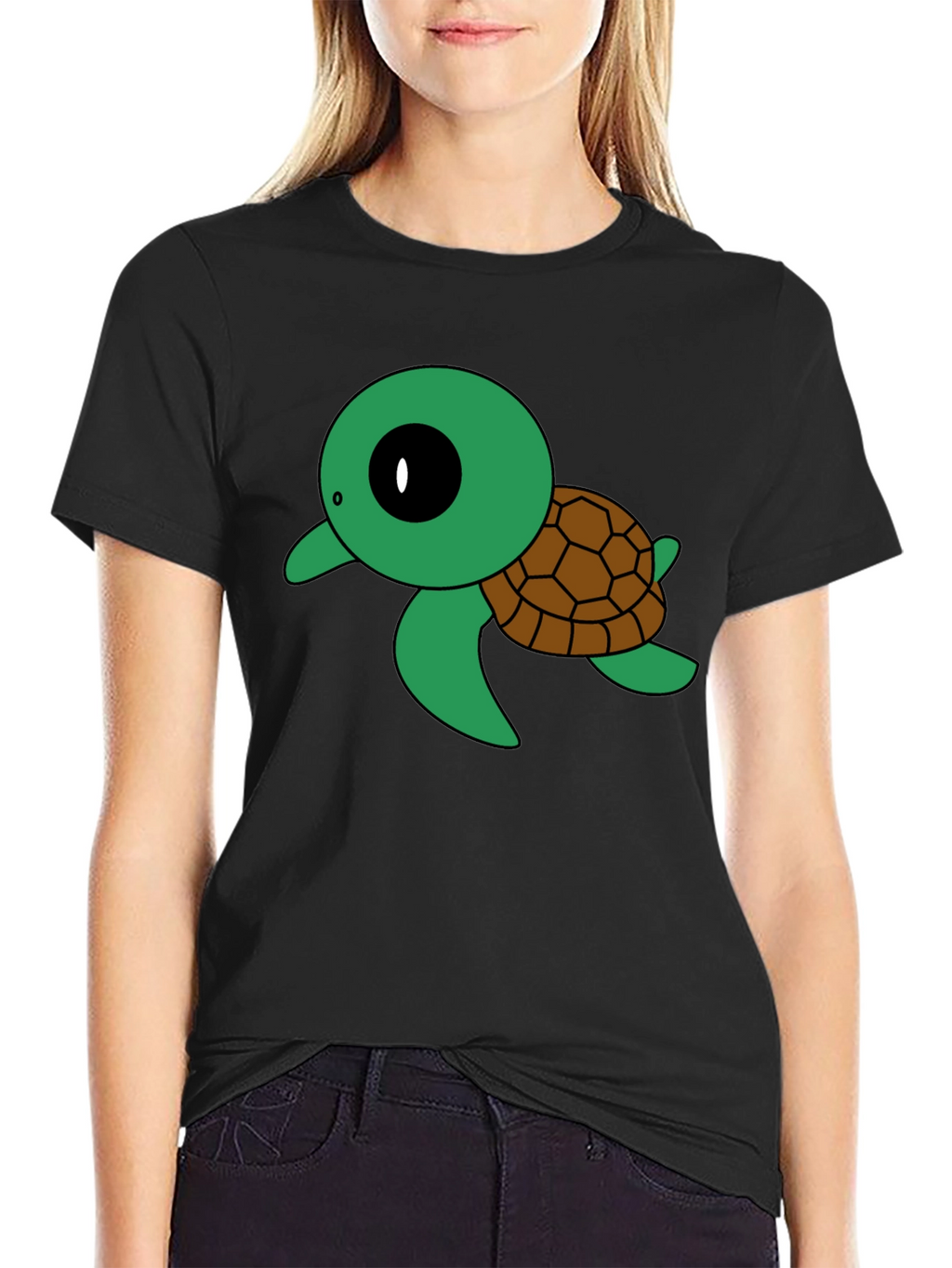 Cute Turtle Graphic Tee - Black Cotton T-Shirt
