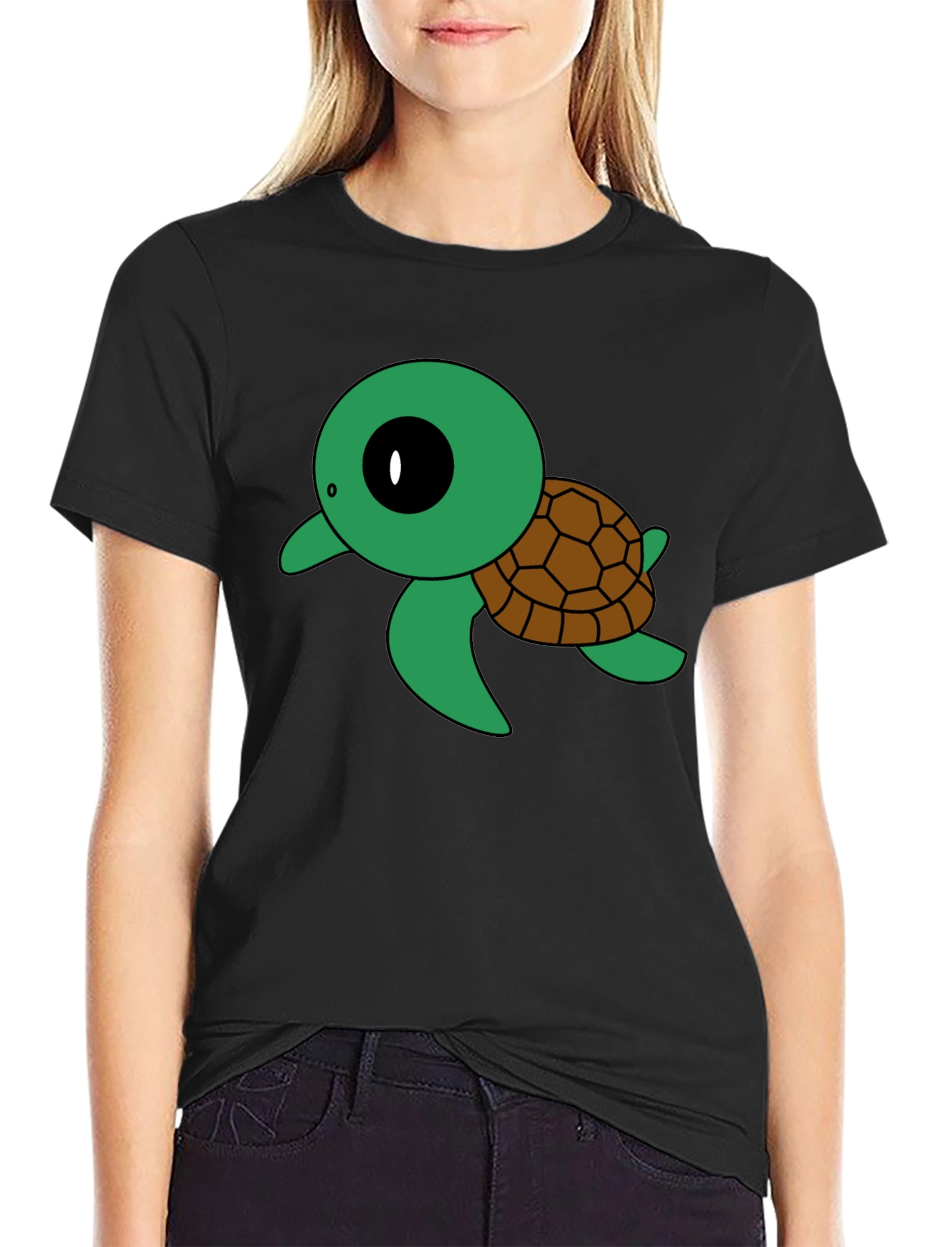 Cute Turtle Graphic Tee - Black Cotton T-Shirt