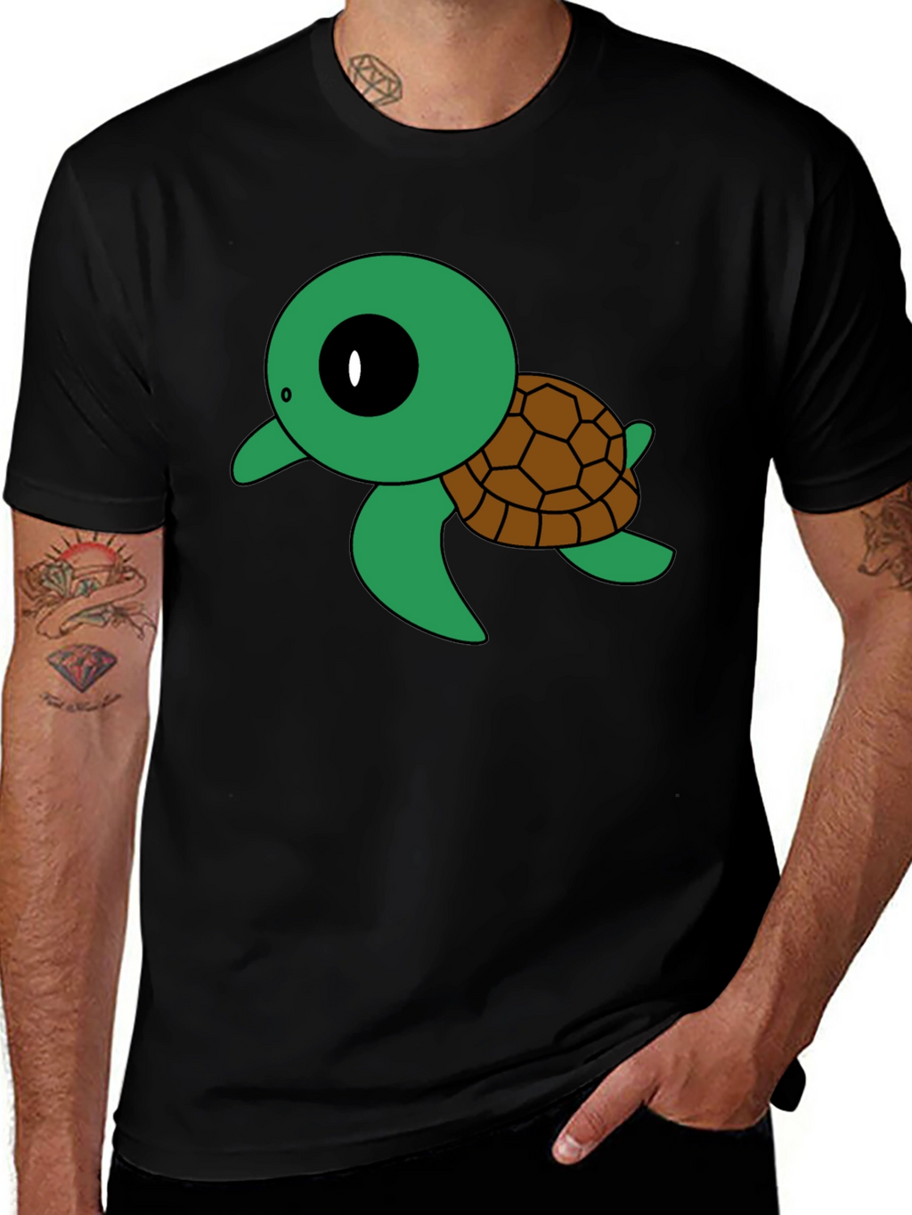 Cute Turtle Graphic Tee - Black Cotton T-Shirt