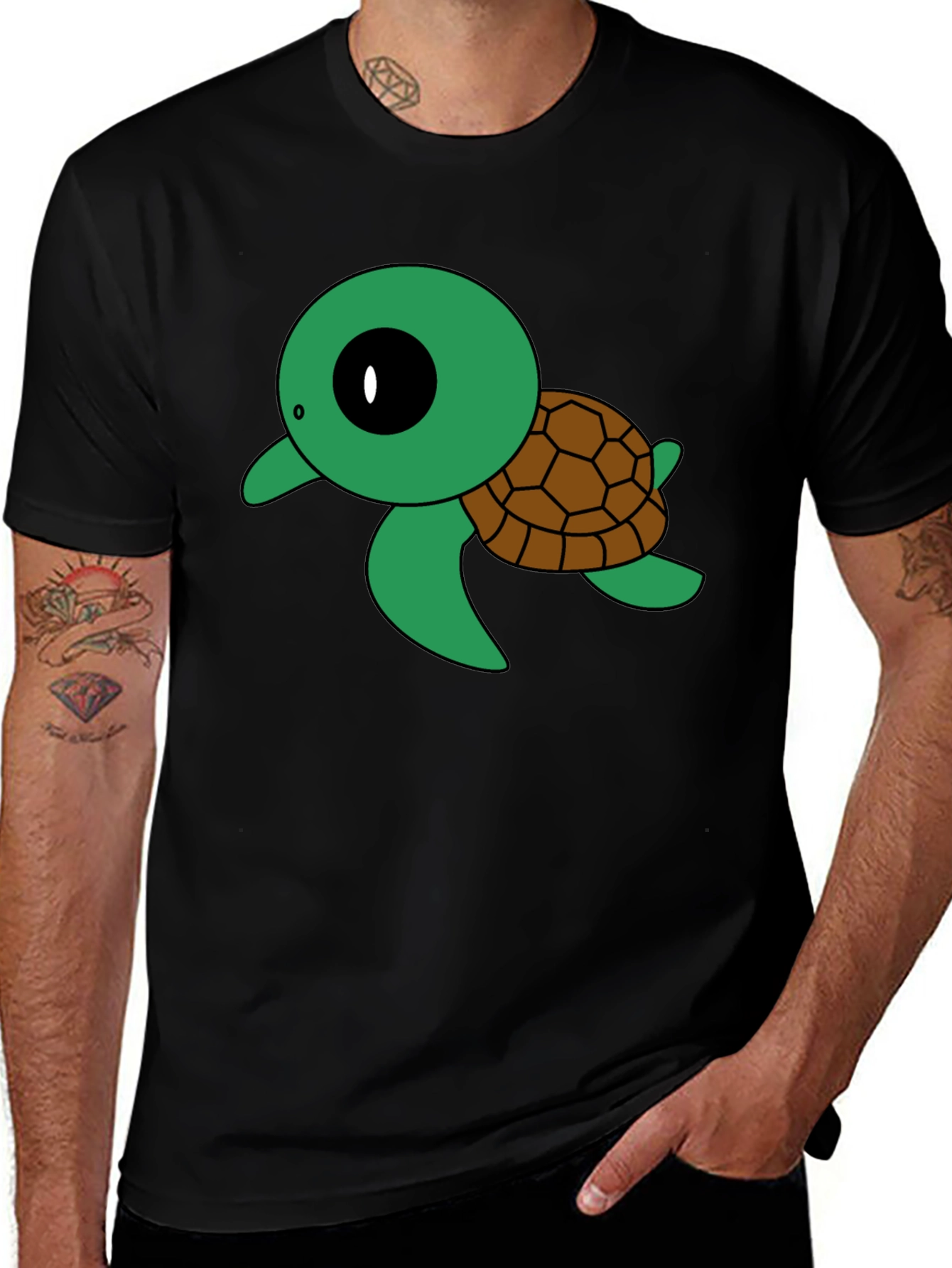 Cute Turtle Graphic Tee - Black Cotton T-Shirt