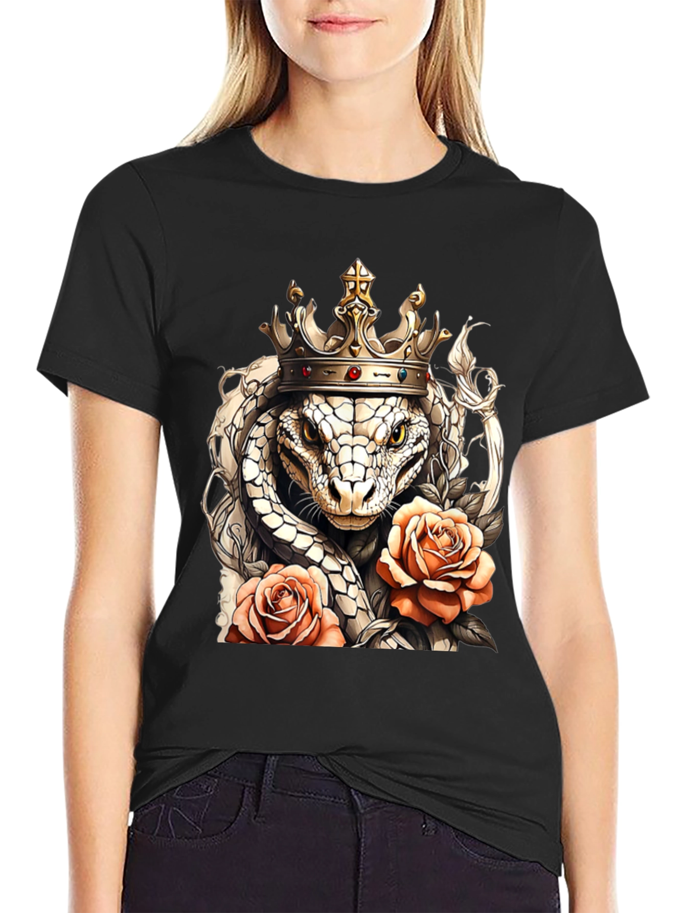 King Cobra & Roses Graphic T-Shirt - Stylish Reptile Tee