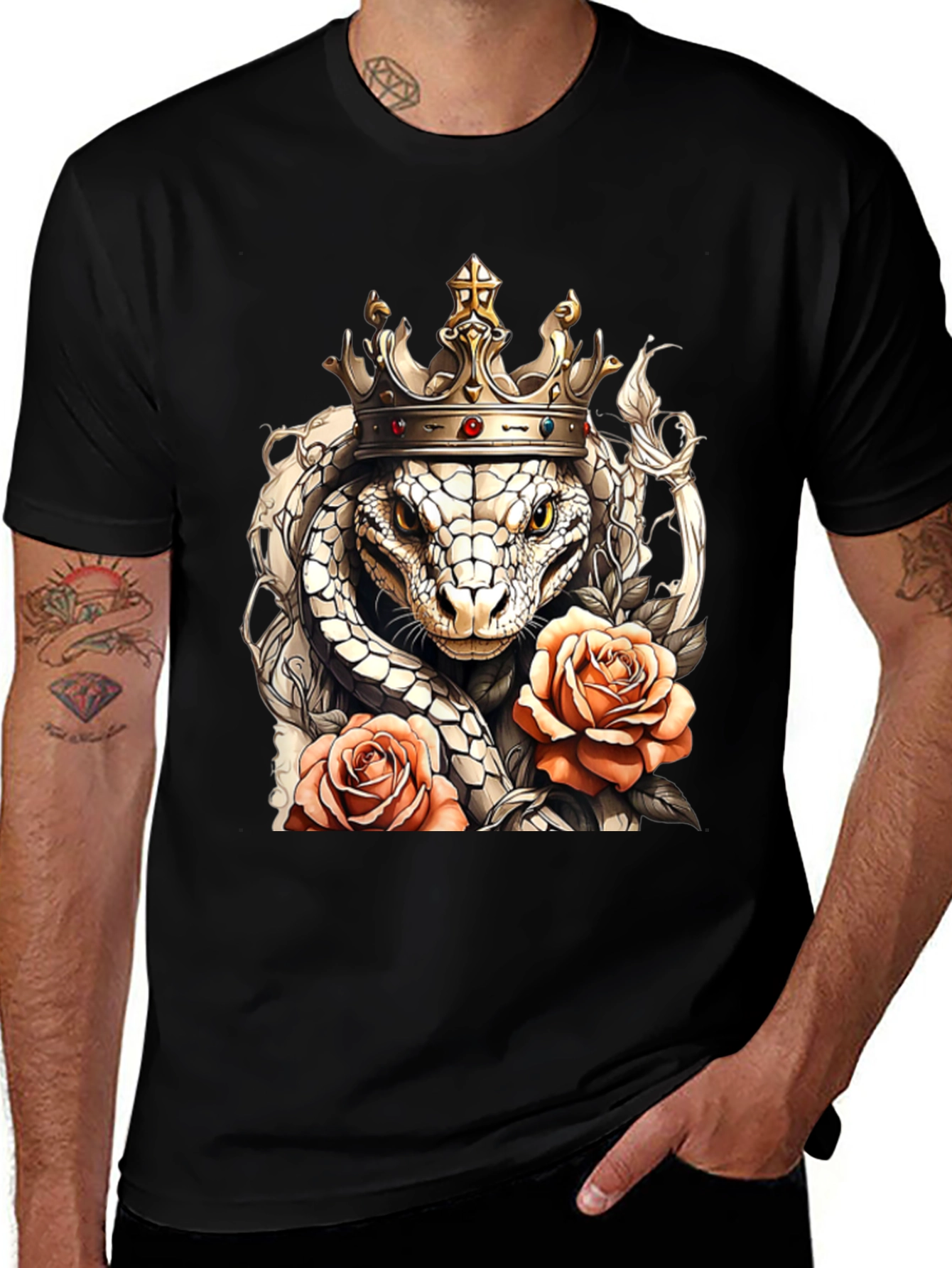 King Cobra & Roses Graphic T-Shirt - Stylish Reptile Tee