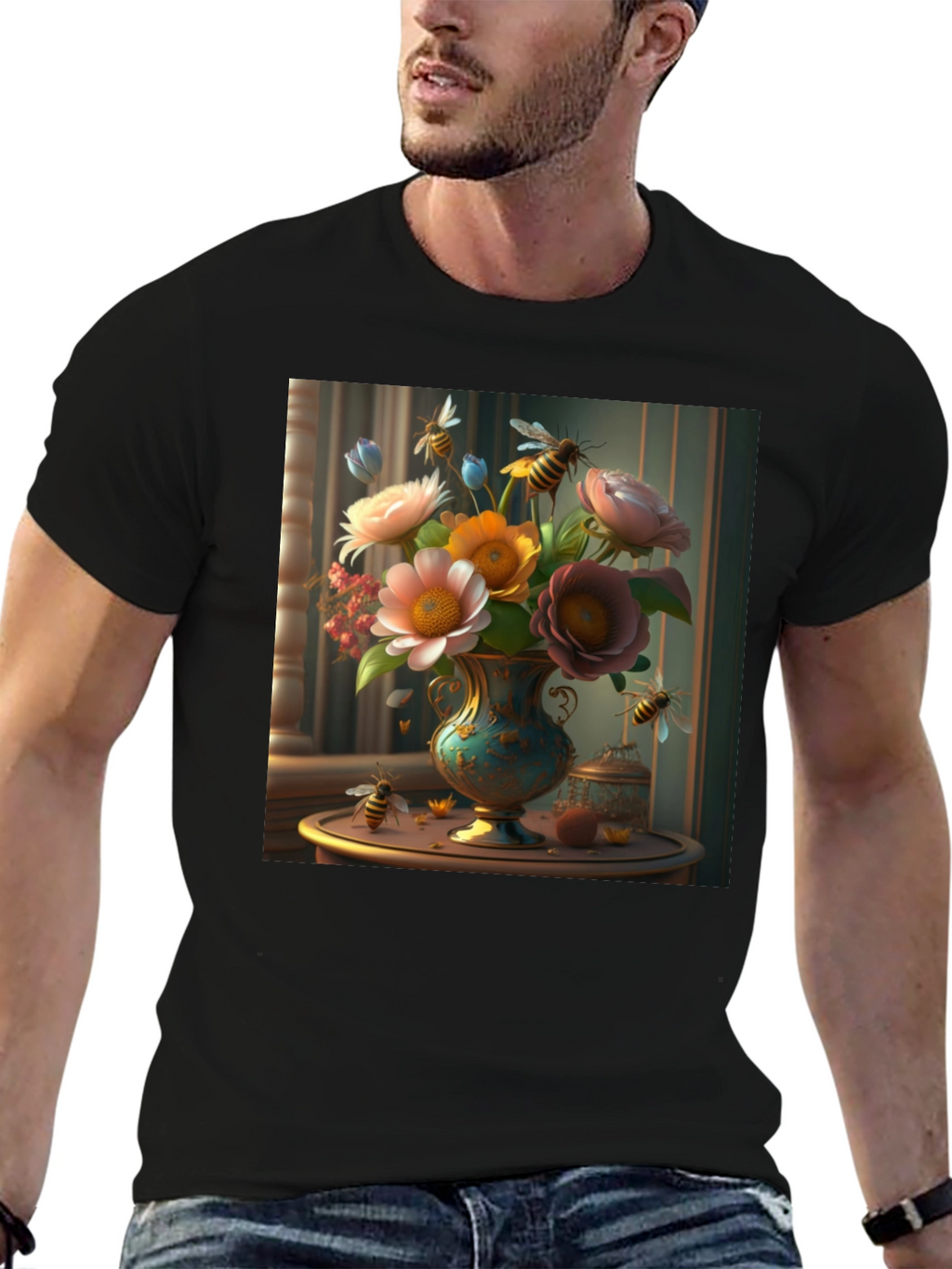 Floral Bees T-Shirt: Classic Black Tee
