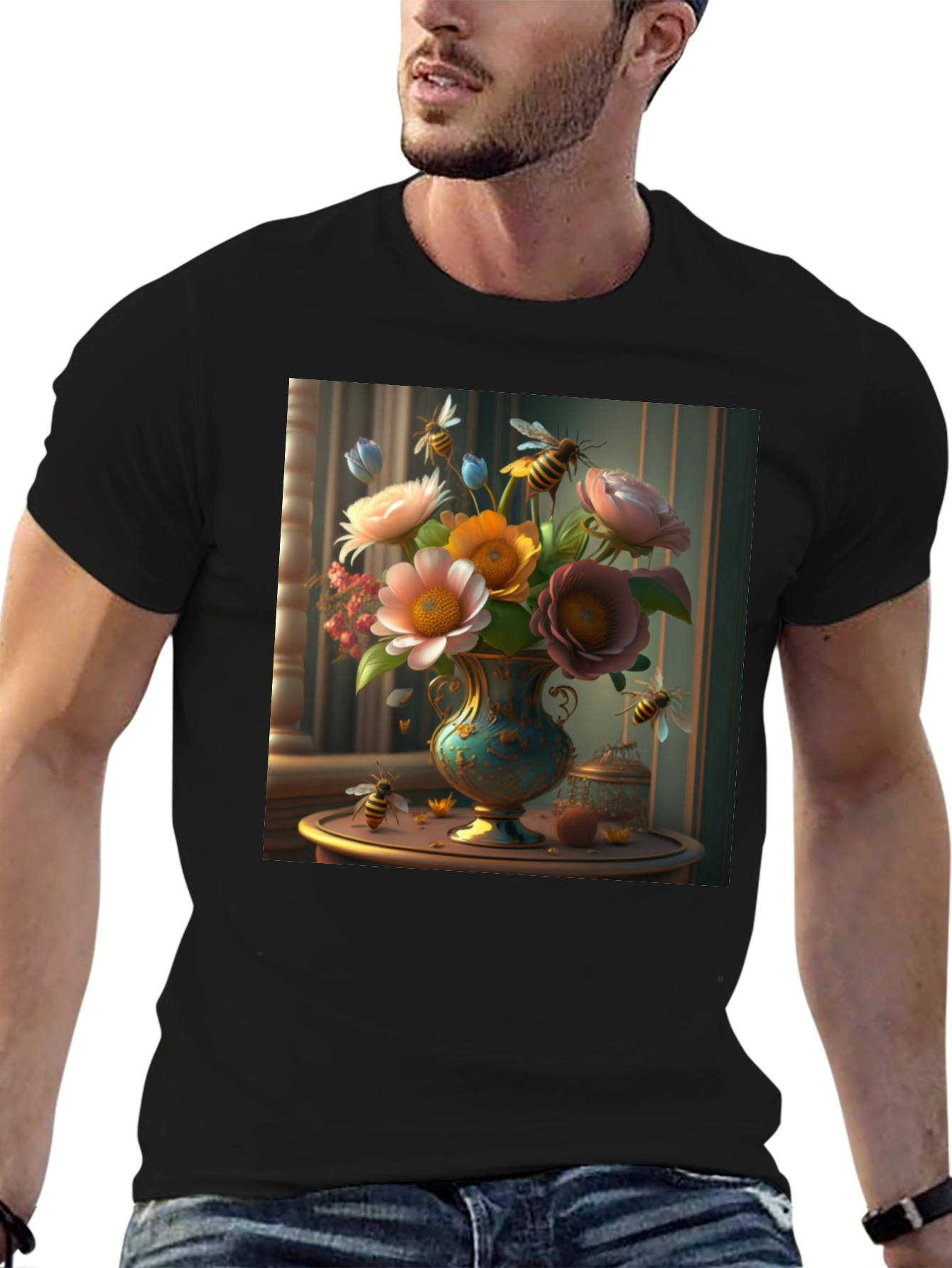 Floral Bees T-Shirt: Classic Black Tee