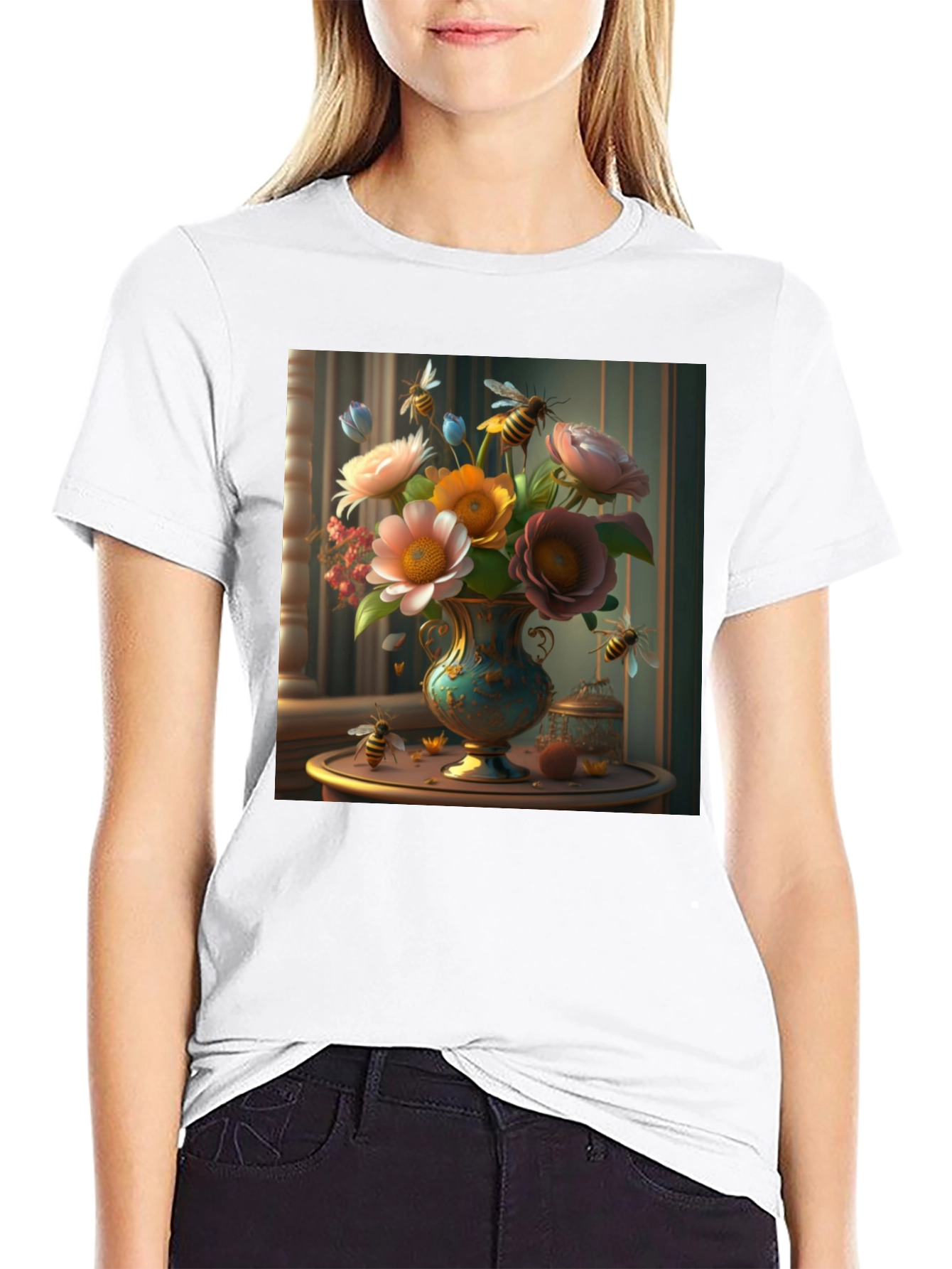 Floral Bees T-Shirt: Classic Black Tee