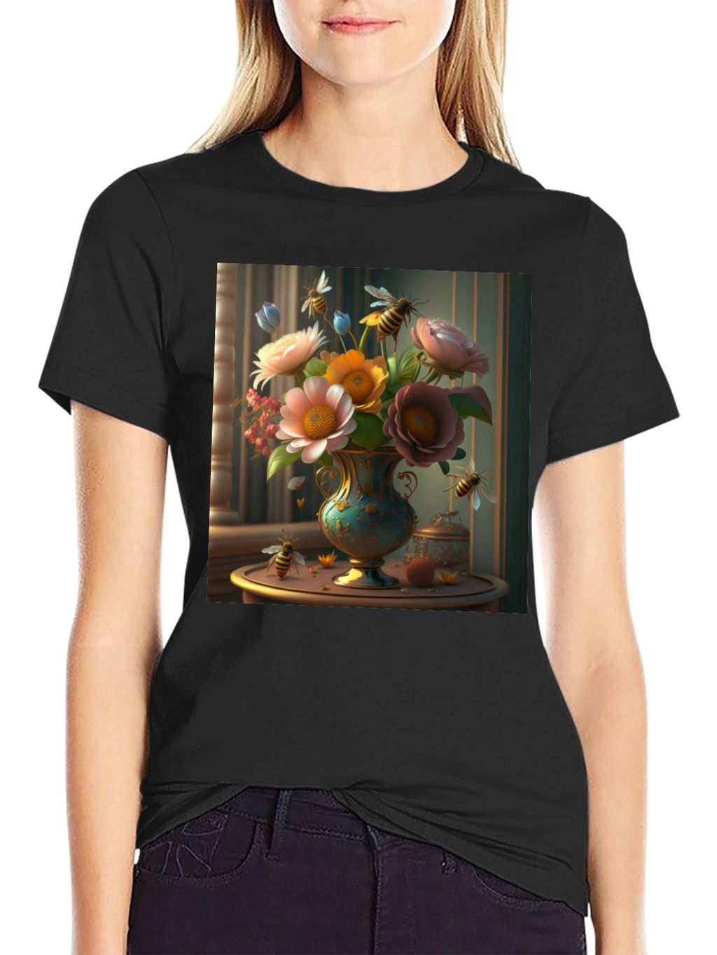 Floral Bees T-Shirt: Classic Black Tee