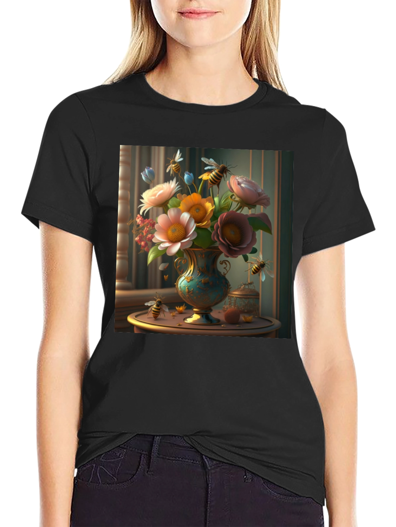 Floral Bees T-Shirt: Classic Black Tee
