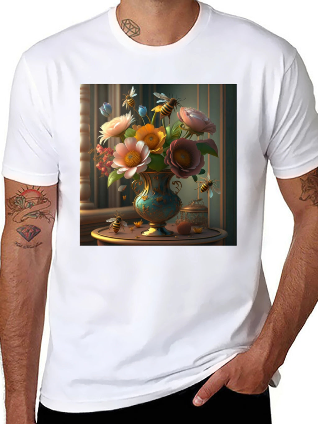 Floral Bees T-Shirt: Classic Black Tee