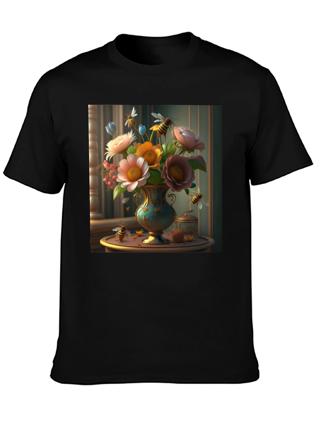 Floral Bees T-Shirt: Classic Black Tee