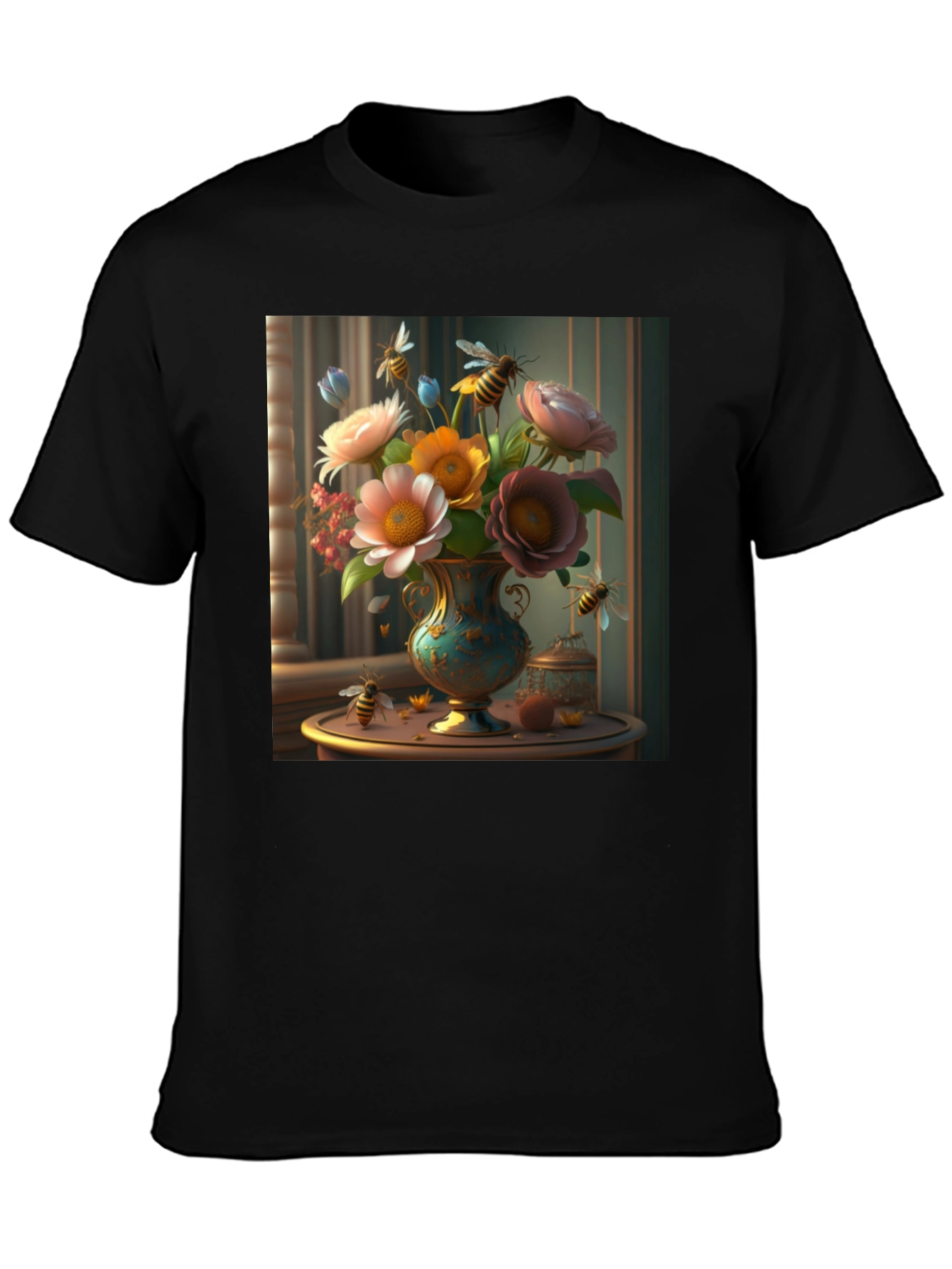 Floral Bees T-Shirt: Classic Black Tee