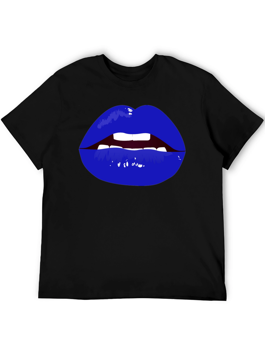 Bold Blue Lips Graphic Tee - Black Cotton T-Shirt