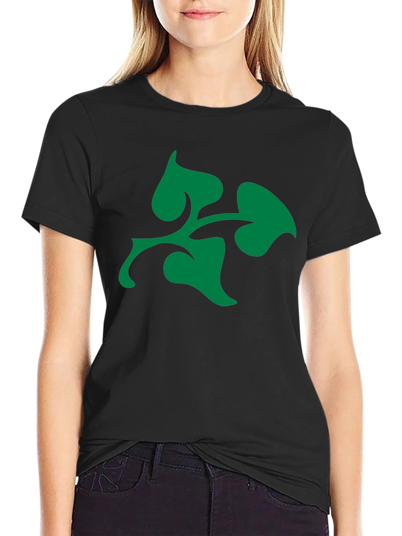 Green Leaf Design Black T-Shirt