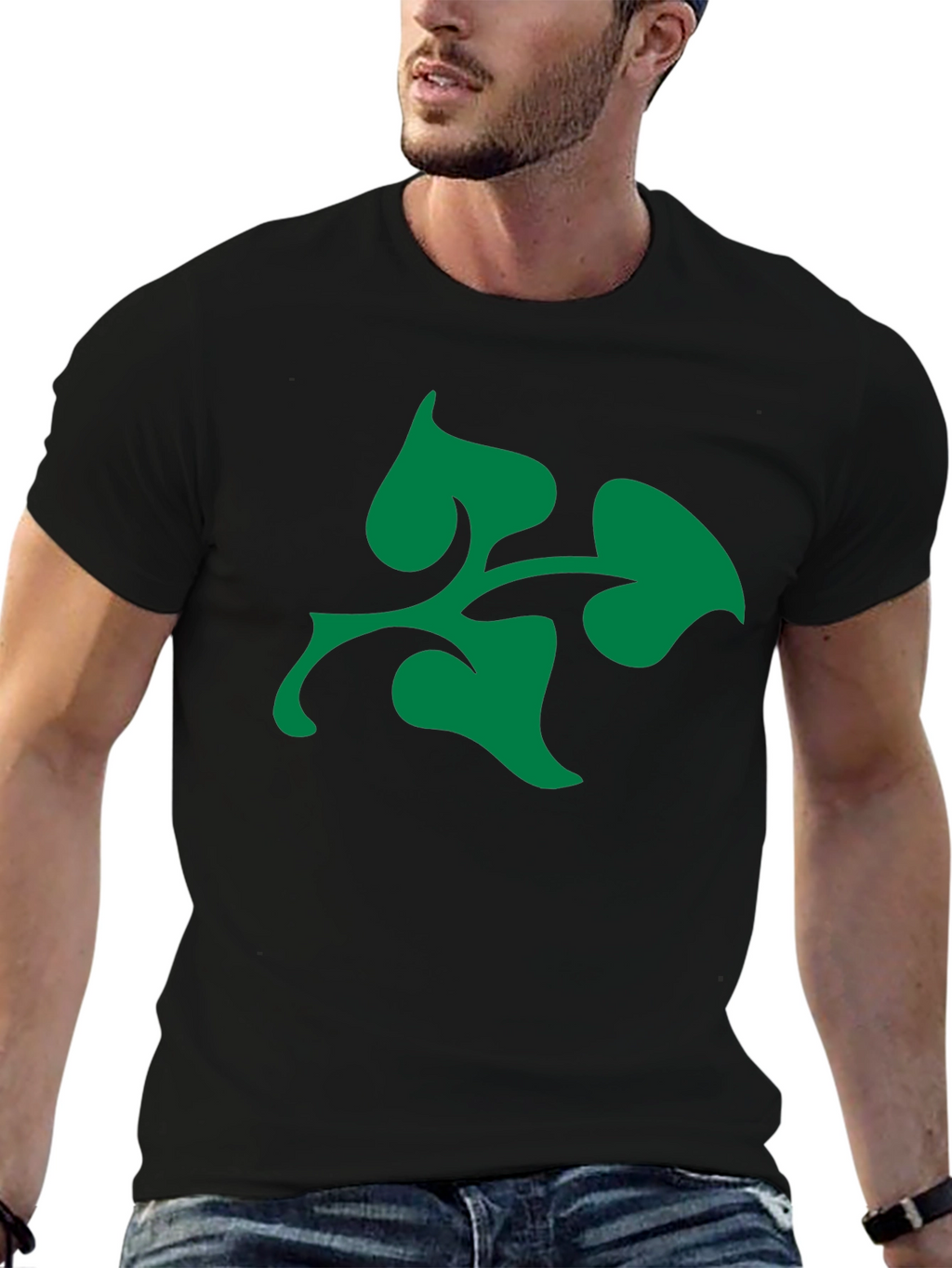 Green Leaf Design Black T-Shirt