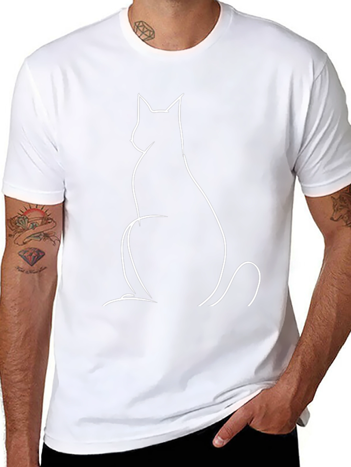Minimalist Cat Outline Graphic Tee - Black