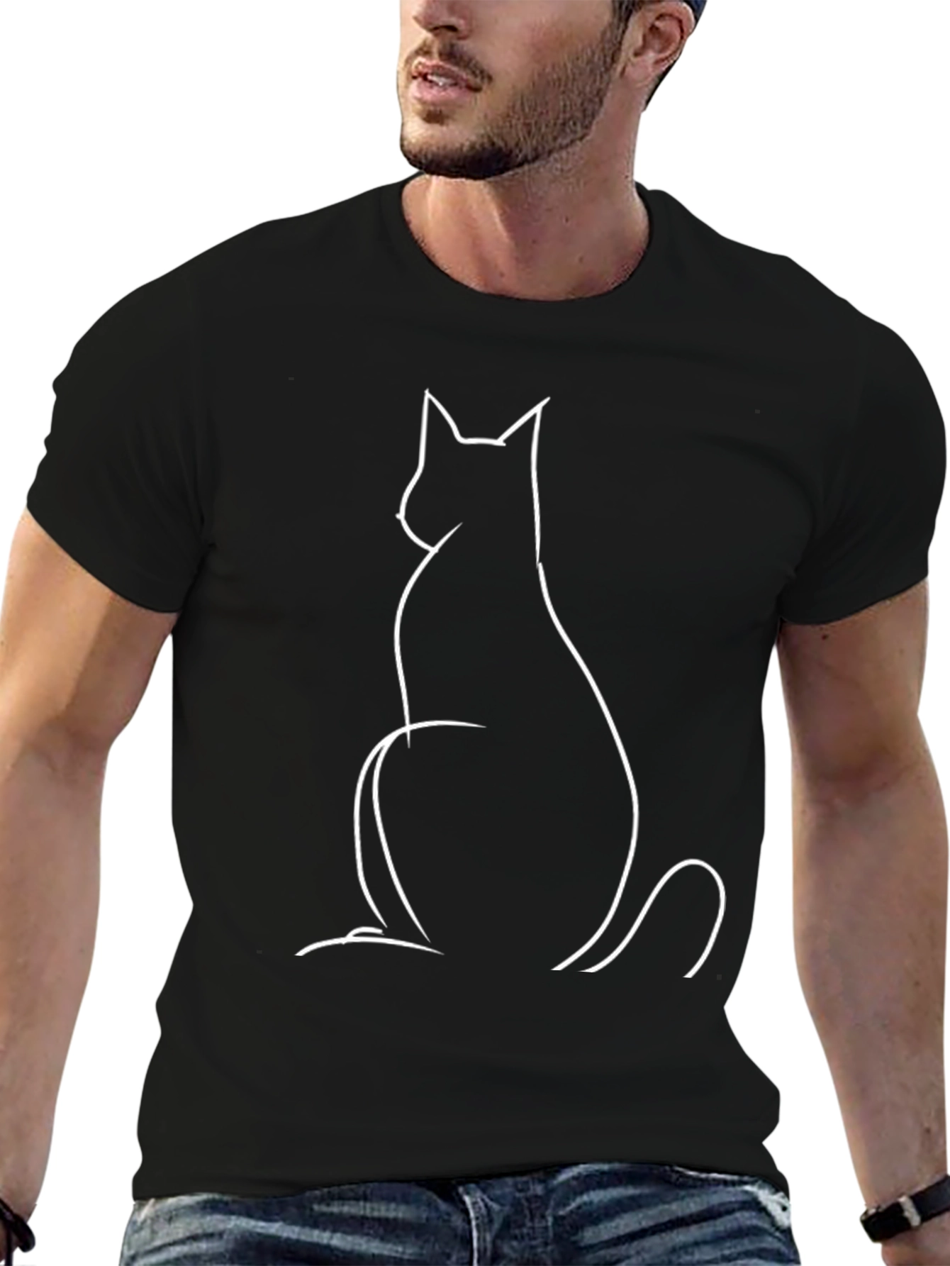 Minimalist Cat Outline Graphic Tee - Black