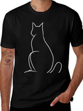 Minimalist Cat Outline Graphic Tee - Black
