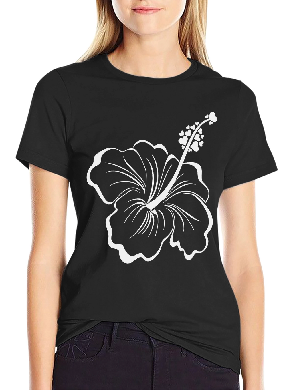 Black T-Shirt with White Hibiscus Flower Design