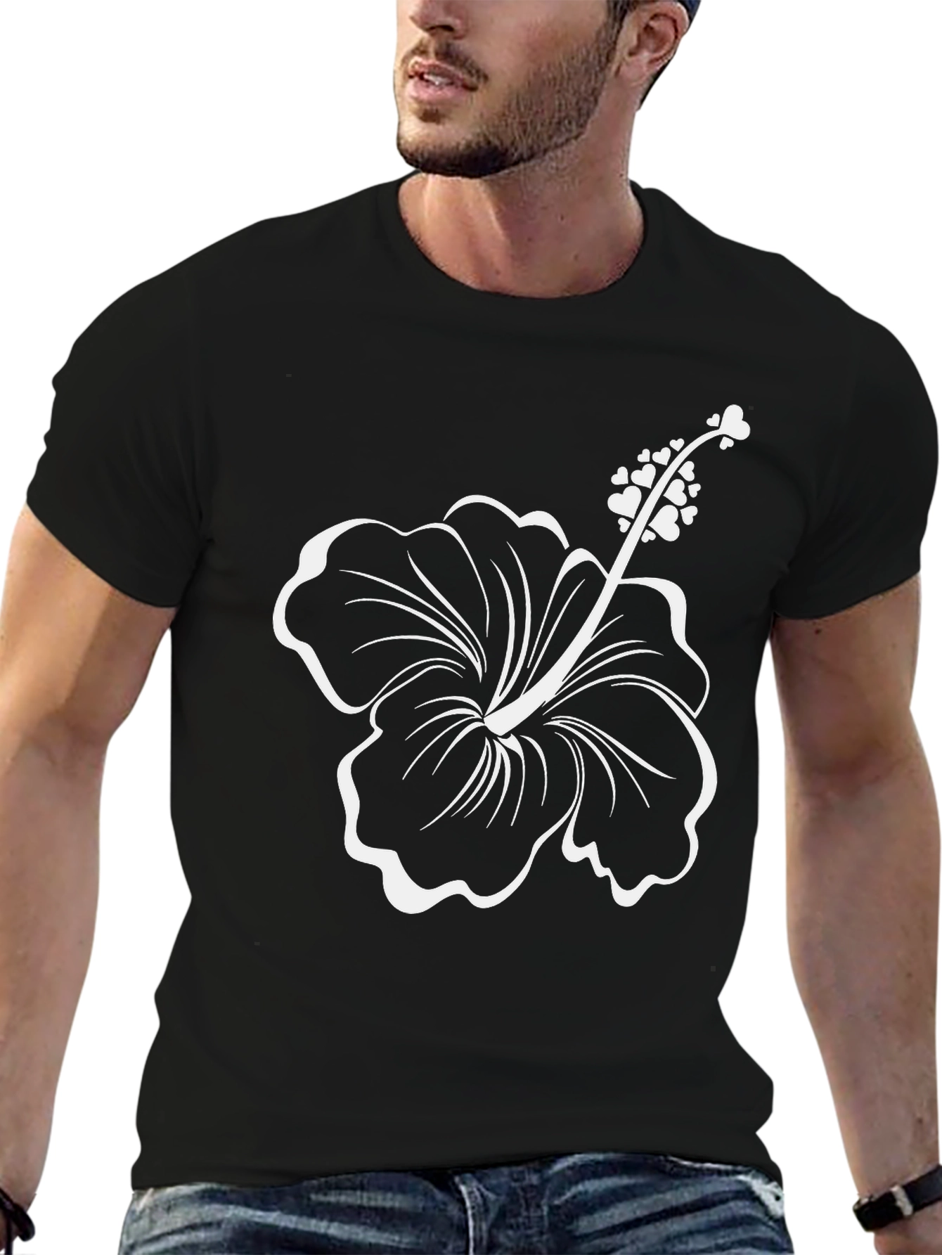 Black T-Shirt with White Hibiscus Flower Design