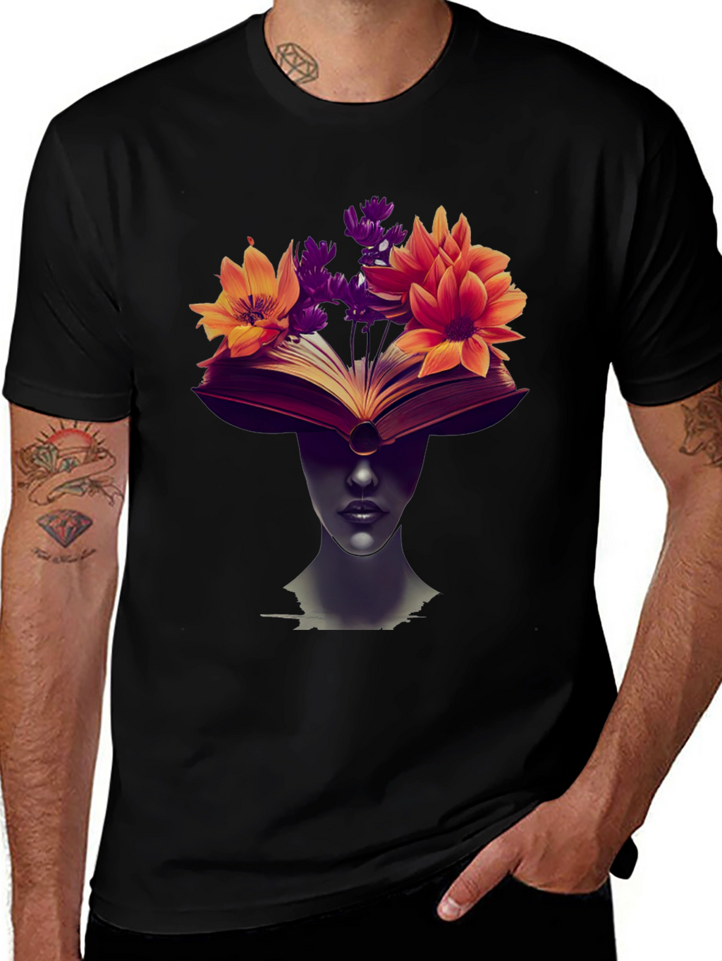 Book & Floral Print Black T-Shirt