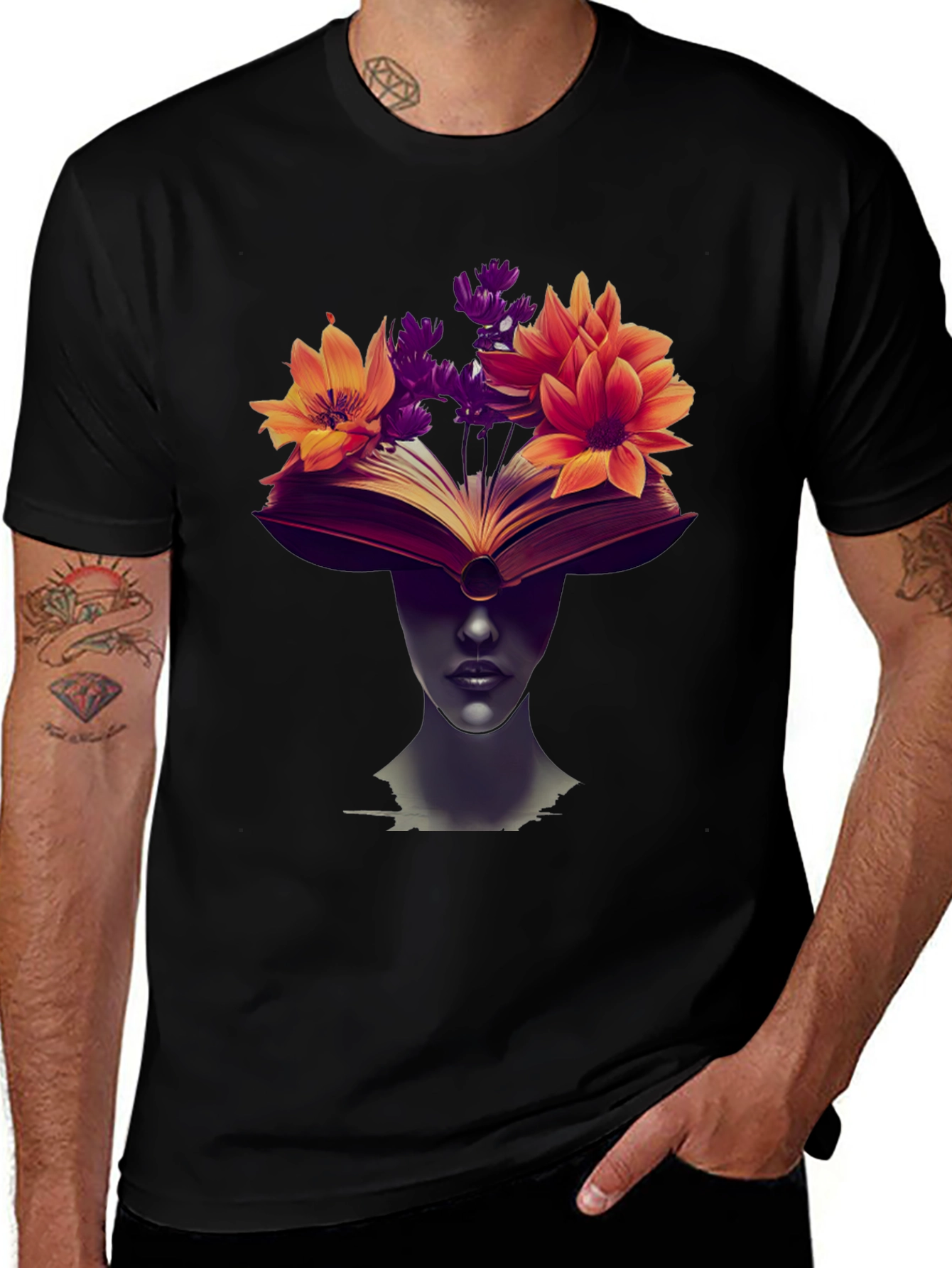 Book & Floral Print Black T-Shirt