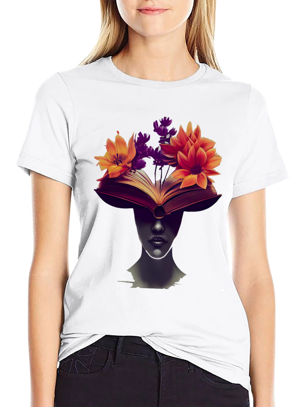 Book & Floral Print Black T-Shirt
