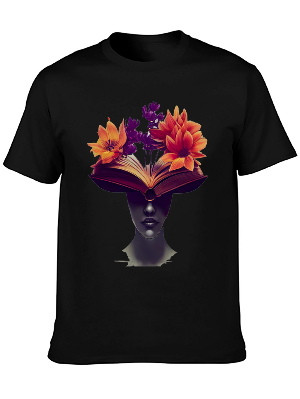 Book & Floral Print Black T-Shirt