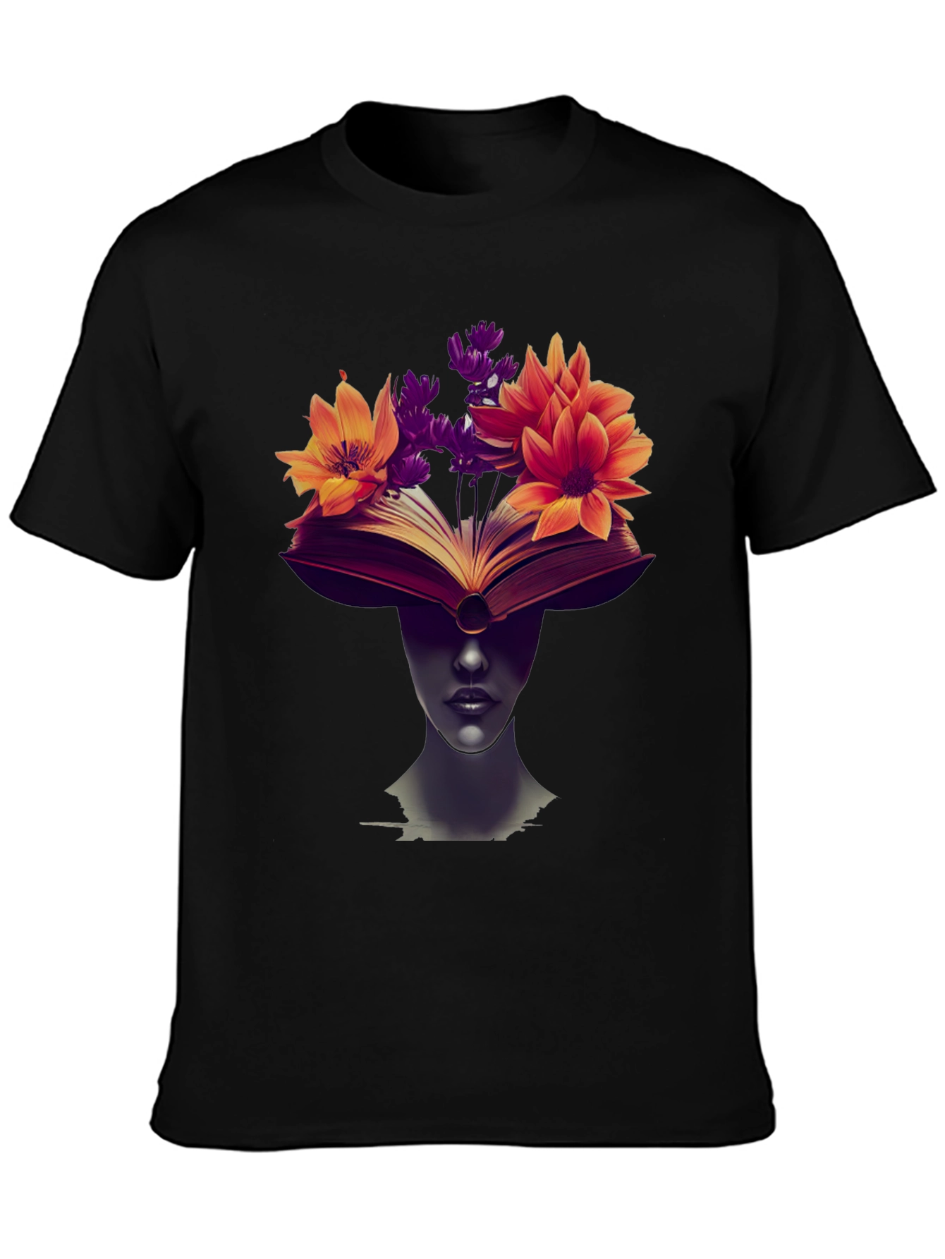 Book & Floral Print Black T-Shirt