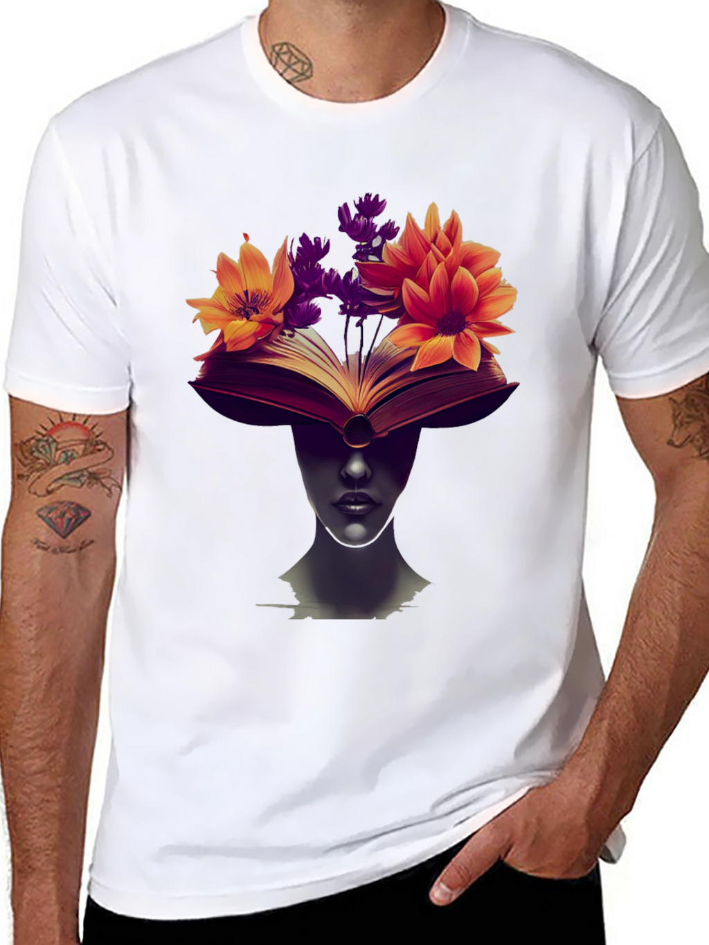 Book & Floral Print Black T-Shirt
