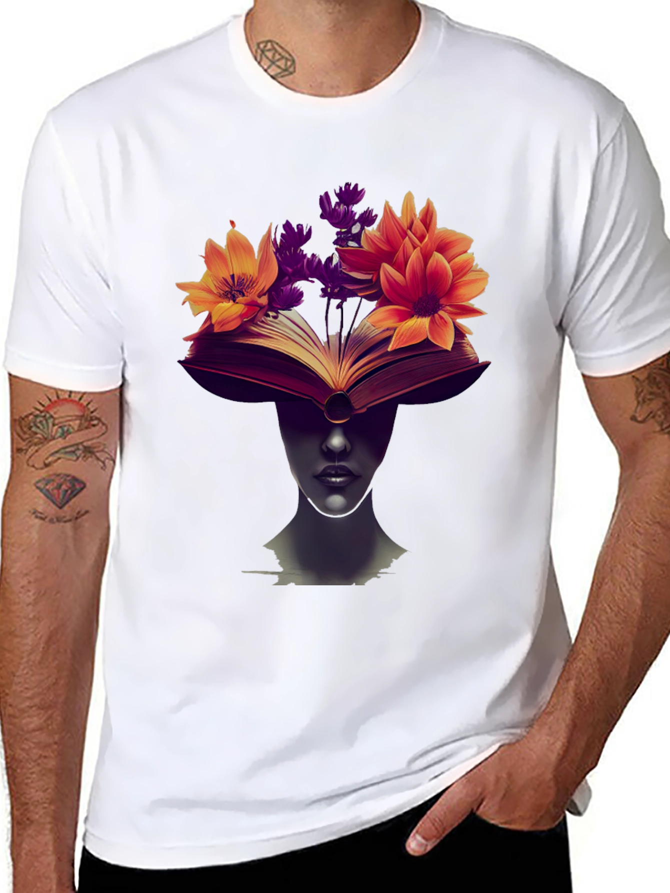 Book & Floral Print Black T-Shirt