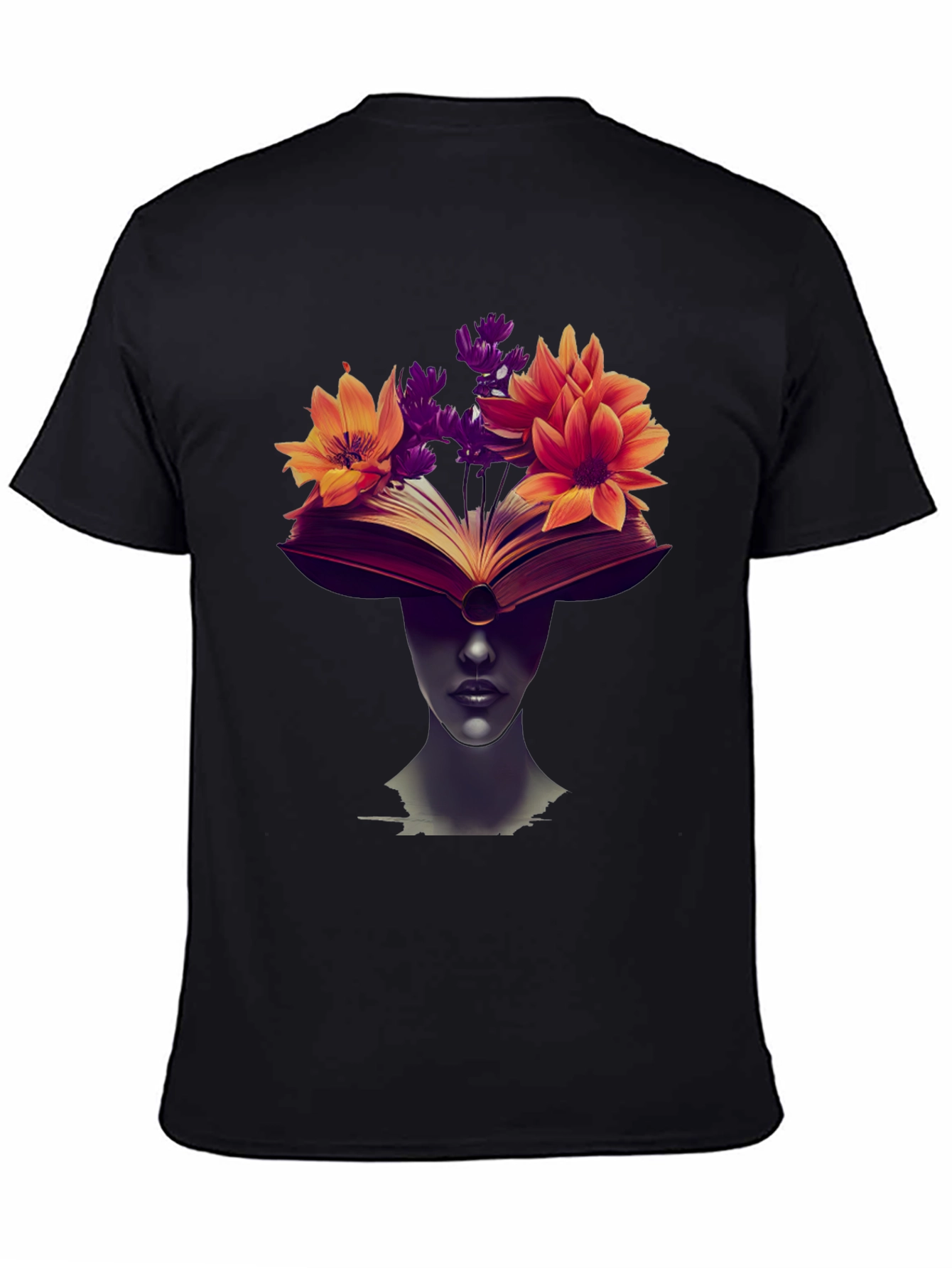 Book & Floral Print Black T-Shirt