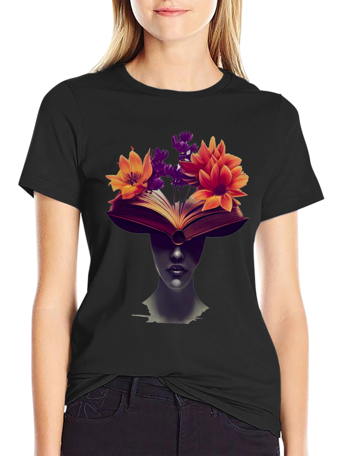 Book & Floral Print Black T-Shirt