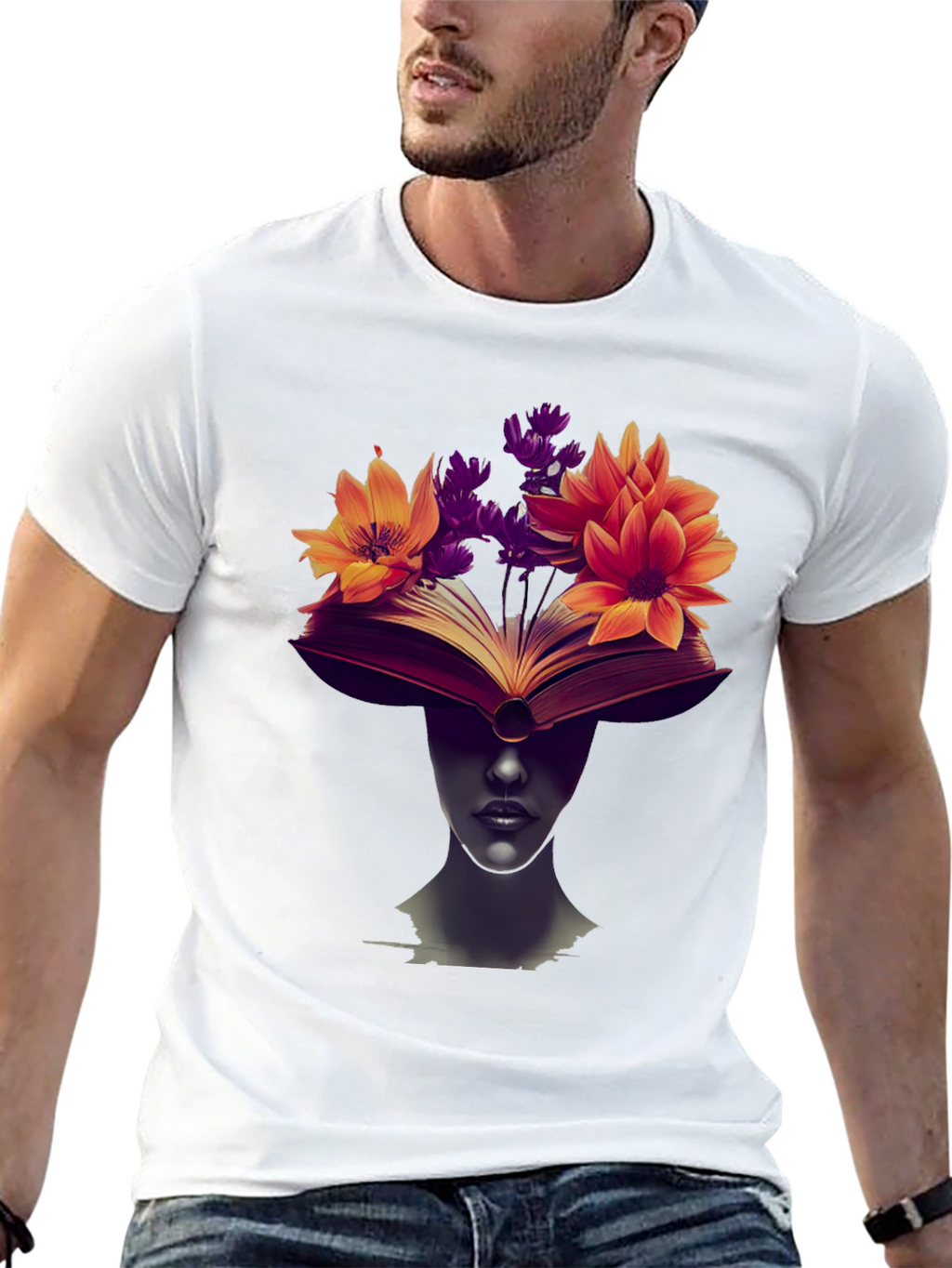 Book & Floral Print Black T-Shirt