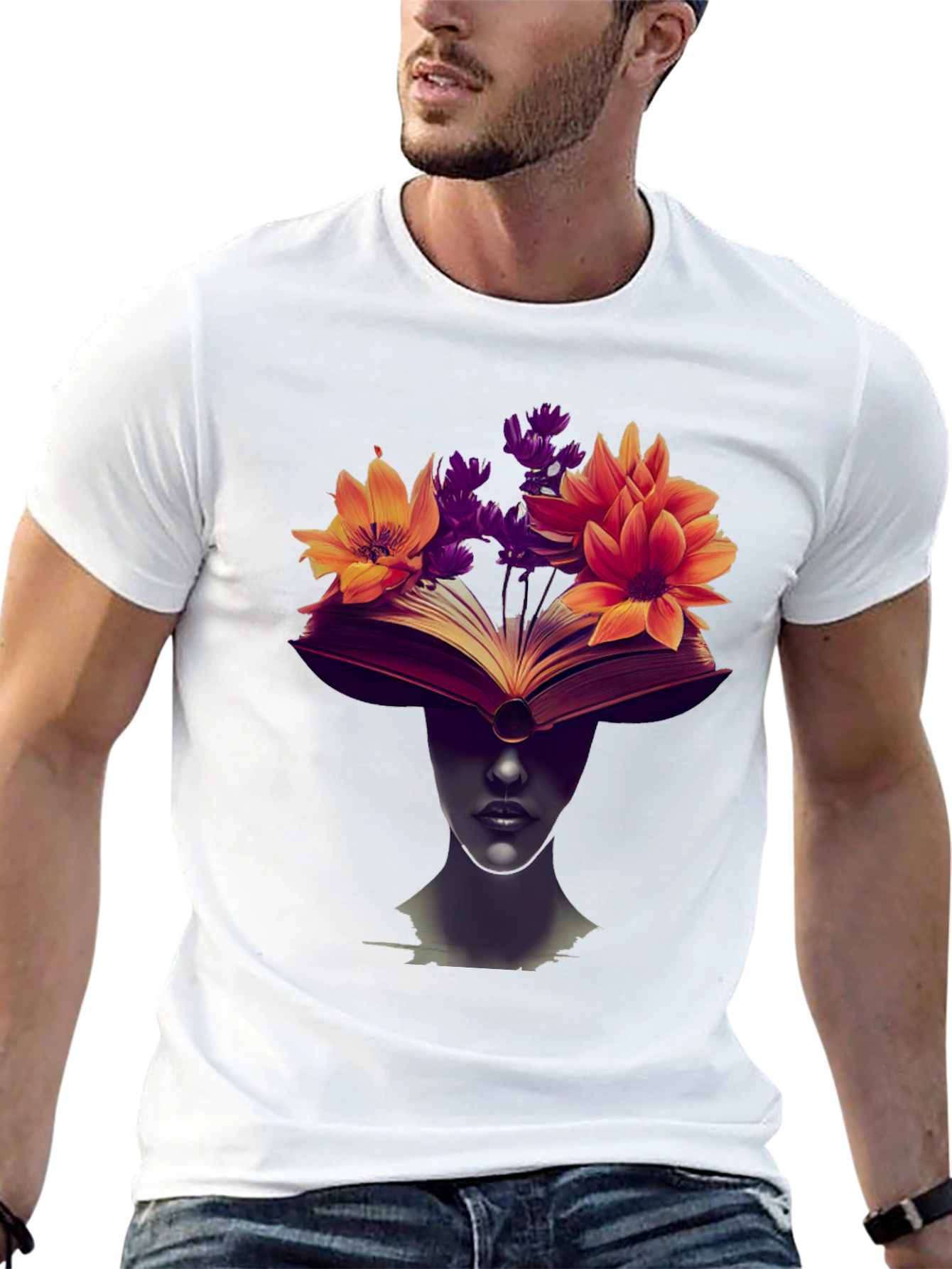 Book & Floral Print Black T-Shirt
