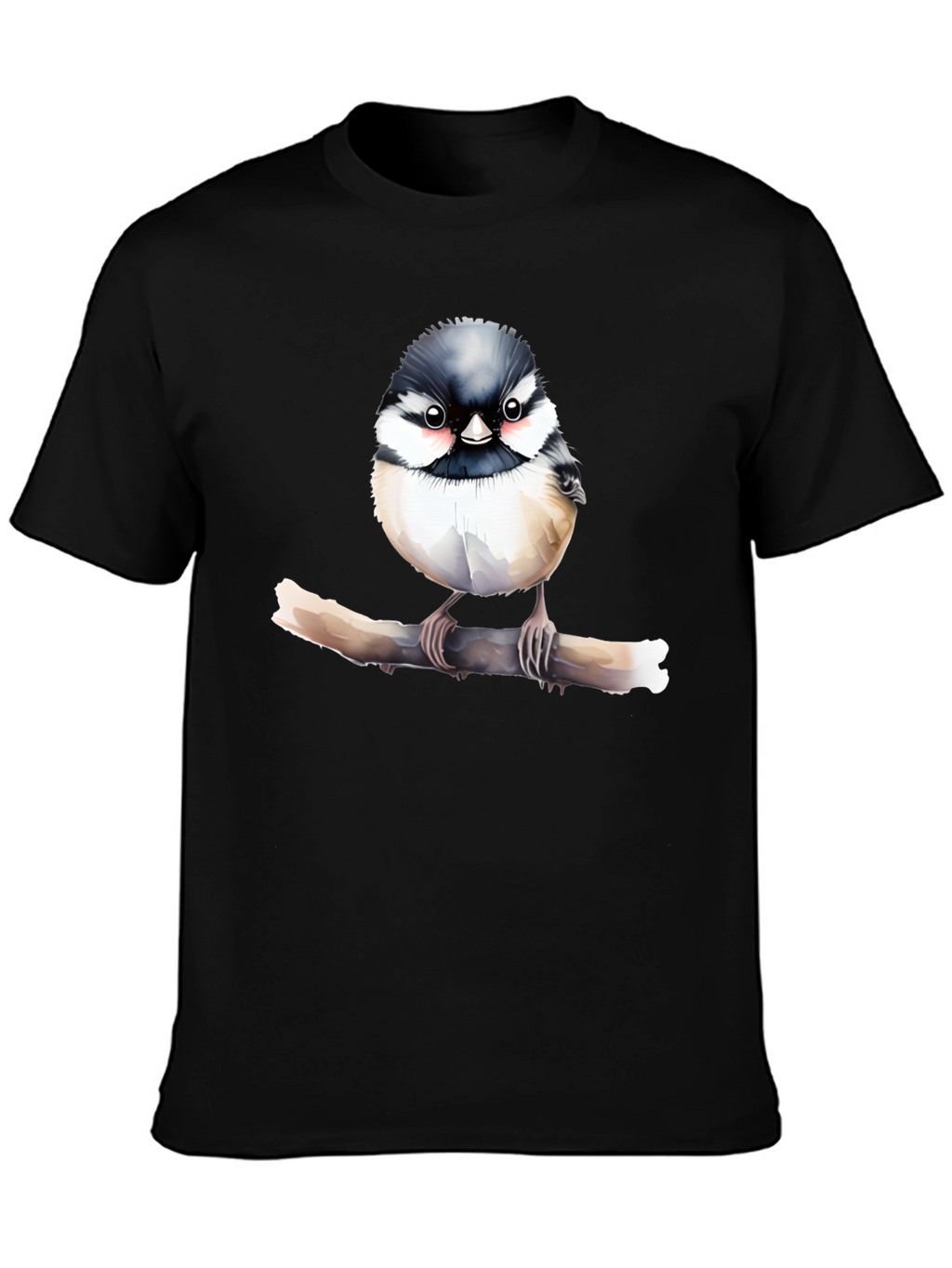 Cute Bird on Branch Black T-Shirt