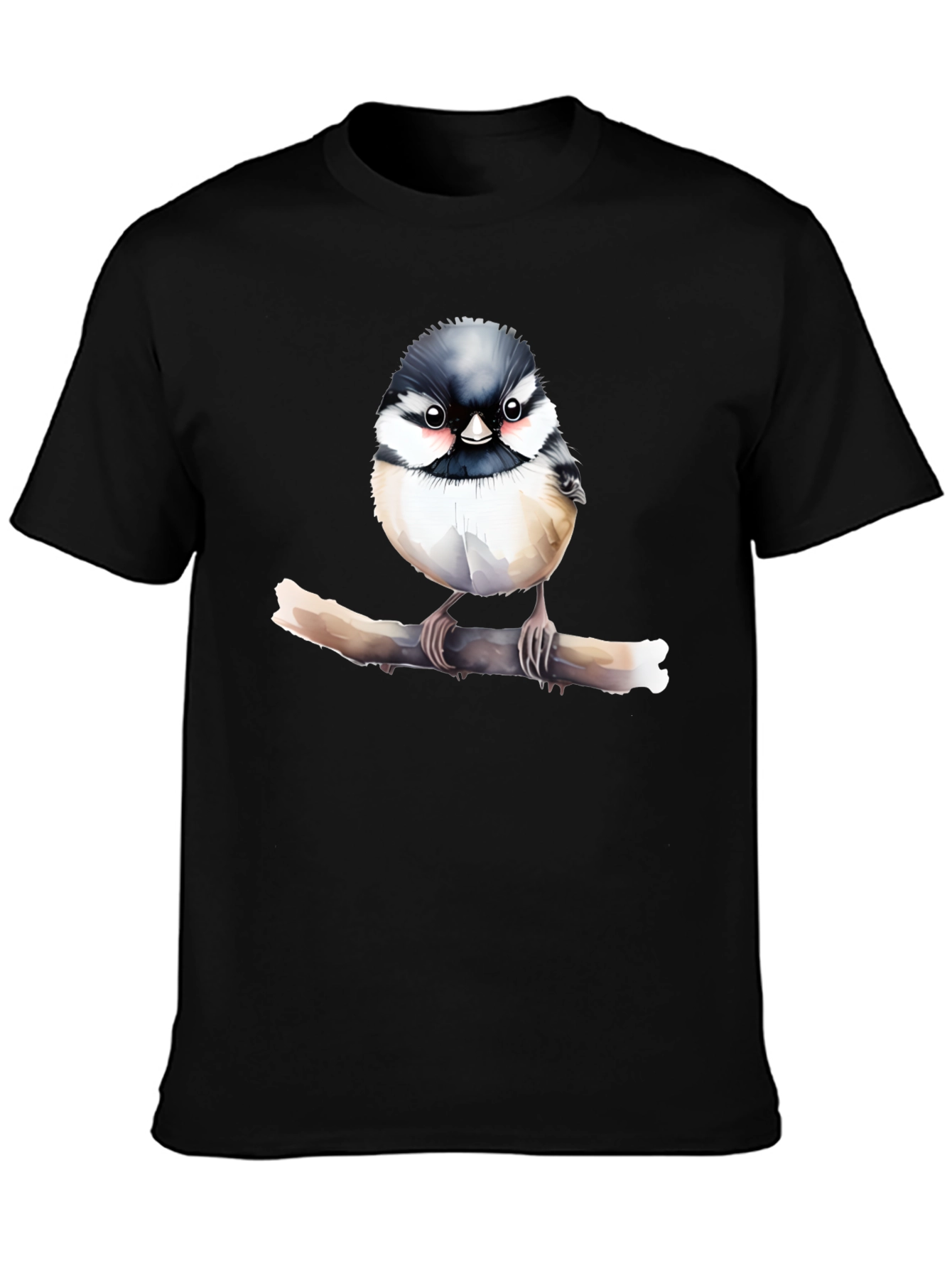 Cute Bird on Branch Black T-Shirt