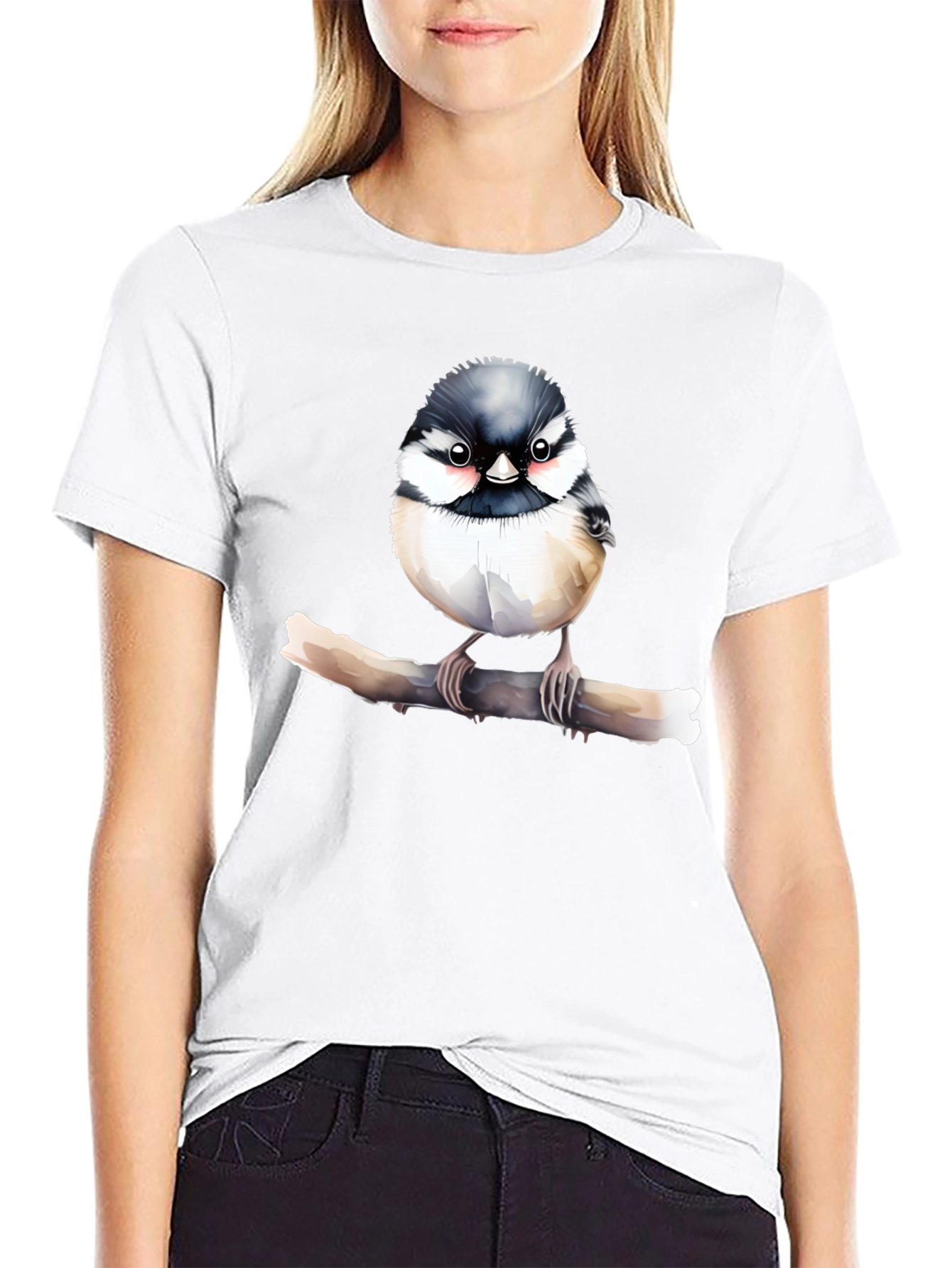 Cute Bird on Branch Black T-Shirt
