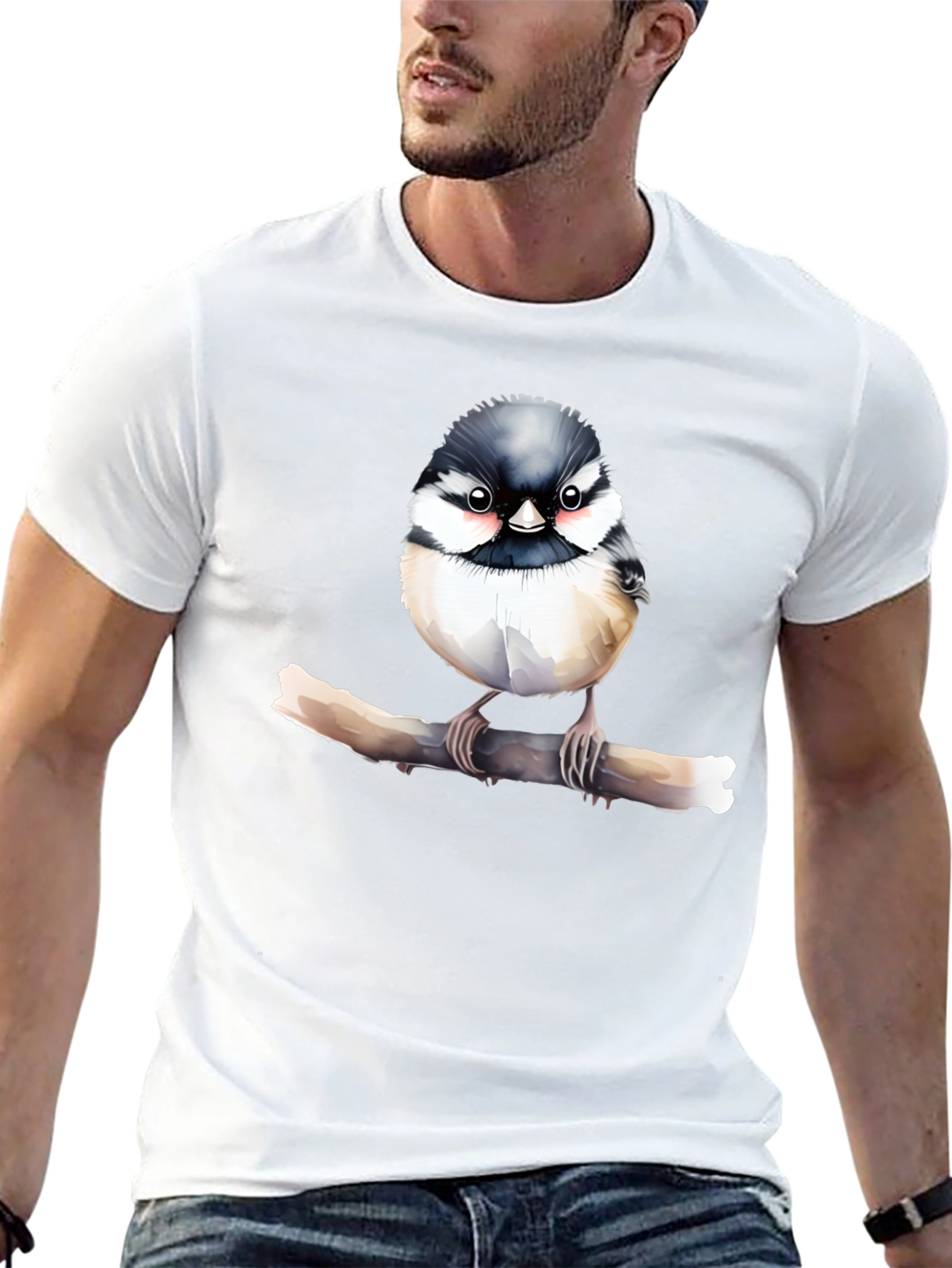 Cute Bird on Branch Black T-Shirt