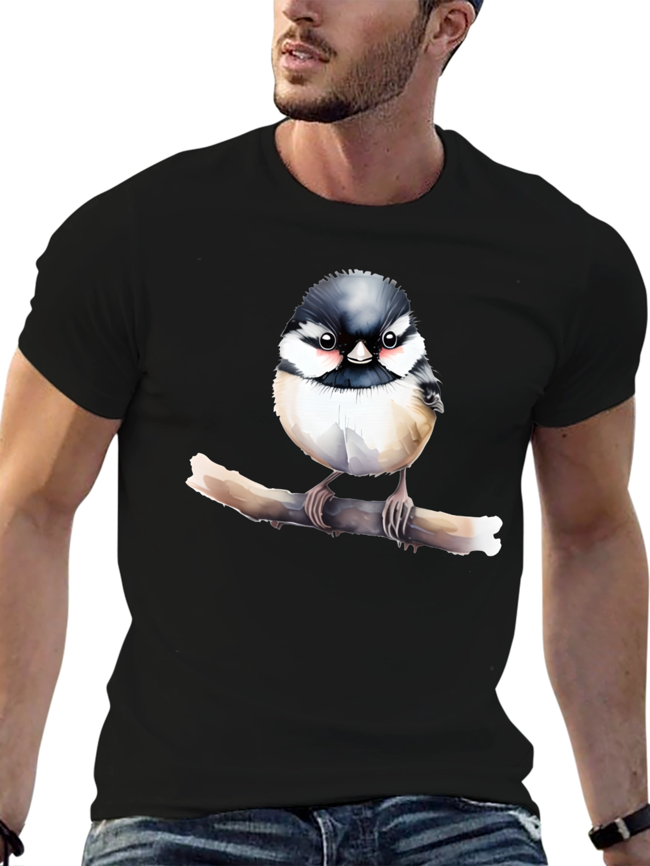 Cute Bird on Branch Black T-Shirt