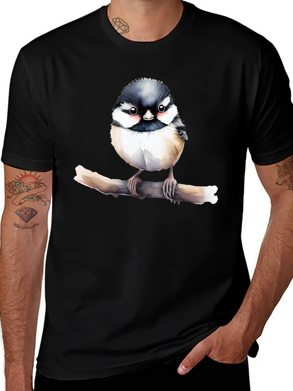 Cute Bird on Branch Black T-Shirt