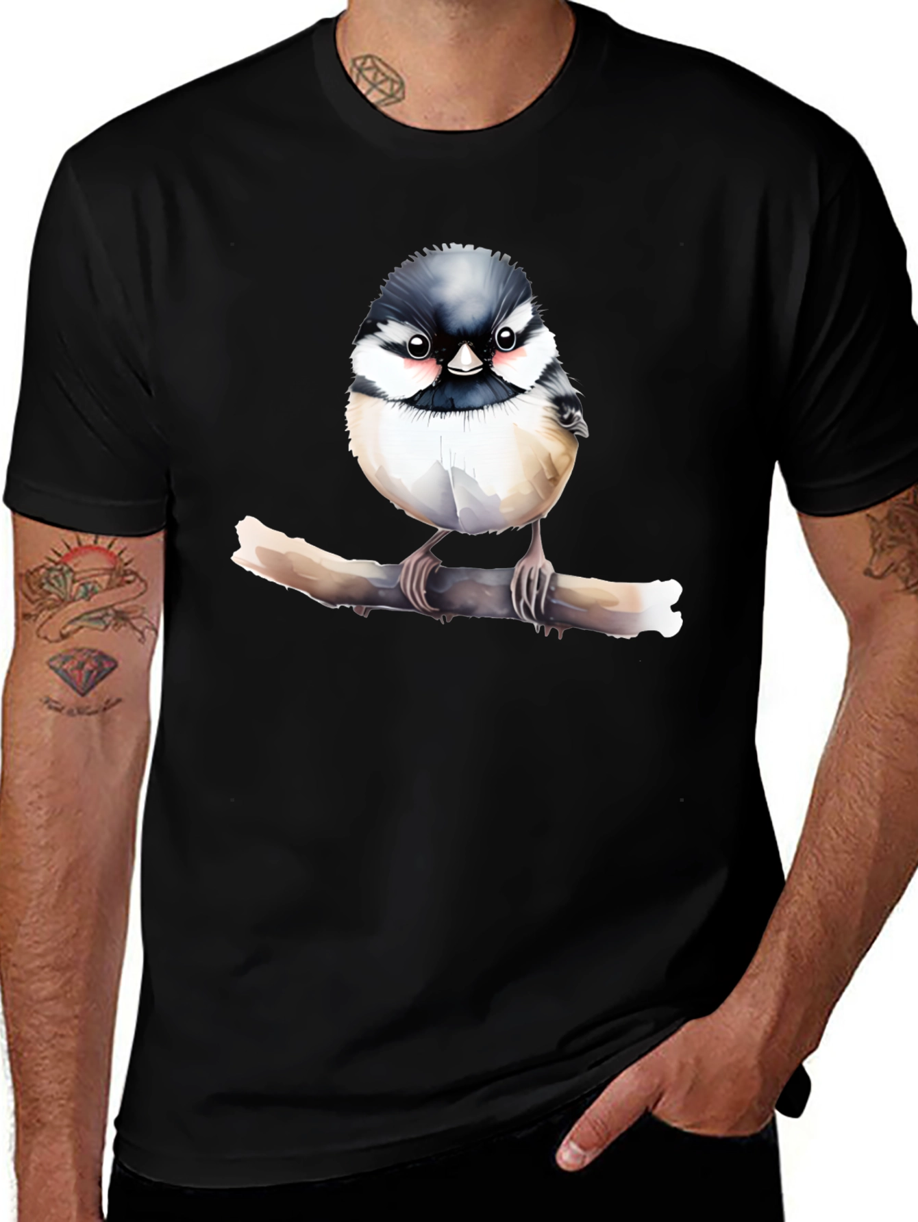 Cute Bird on Branch Black T-Shirt