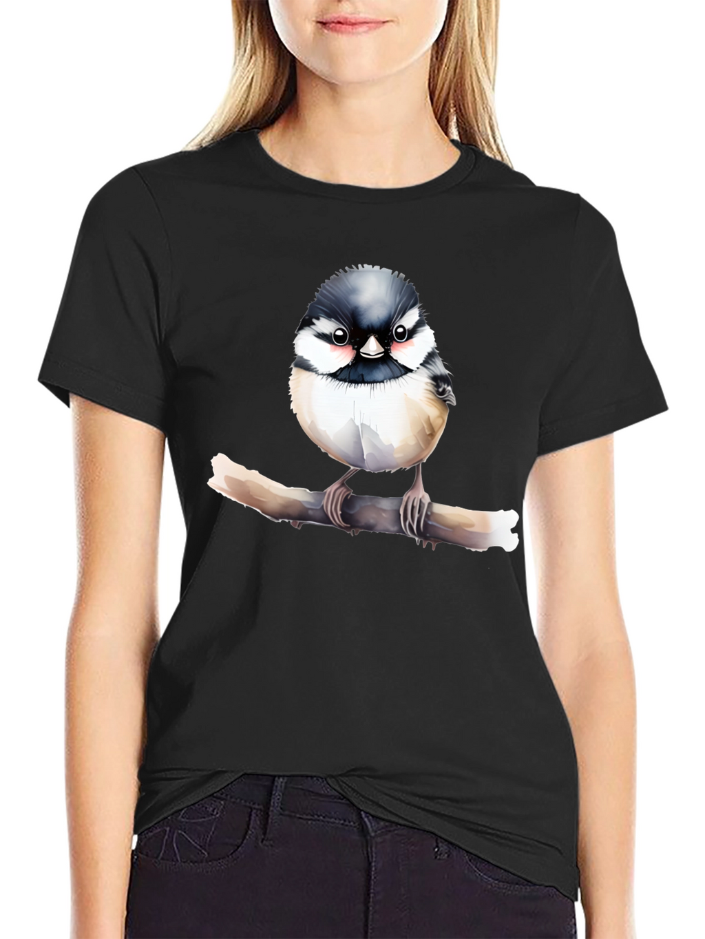 Cute Bird on Branch Black T-Shirt